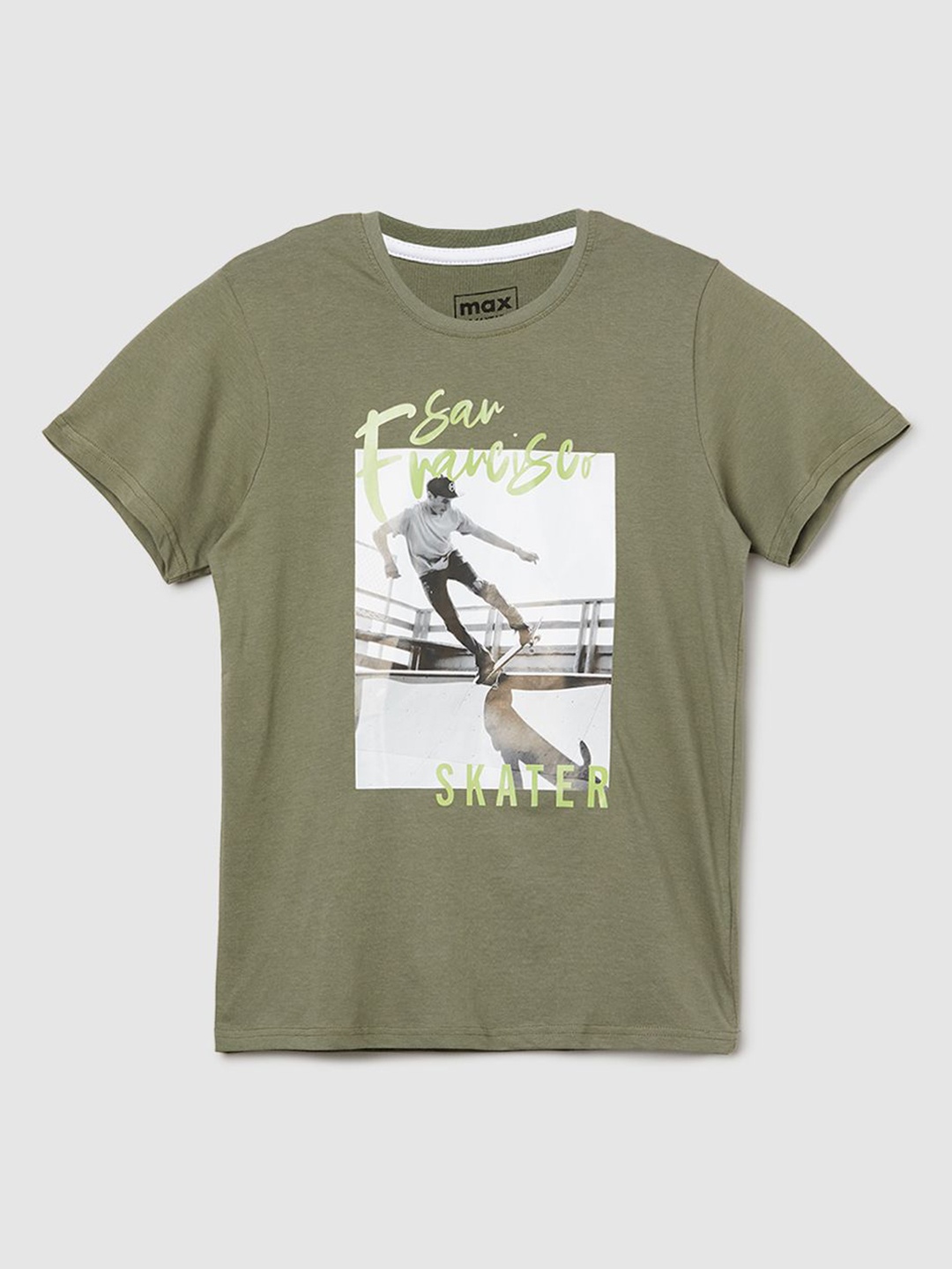 

max Boys Graphic Printed Round Neck Cotton T-shirt, Green