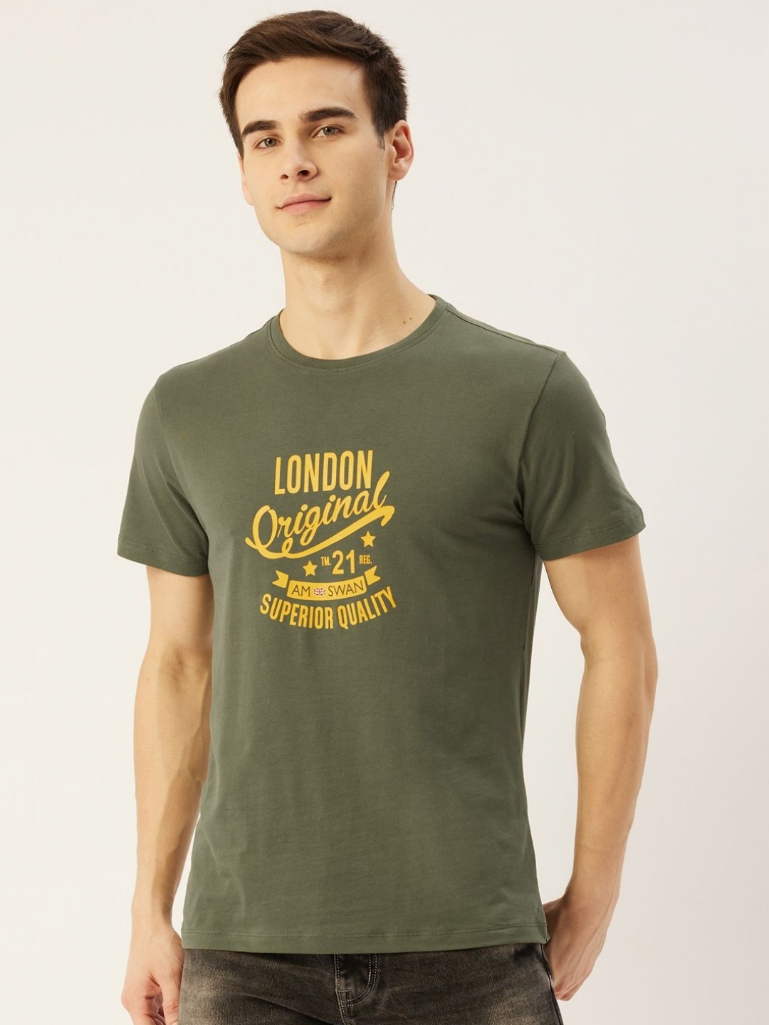 

AMSWAN Men Typography Printed T-shirt, Olive