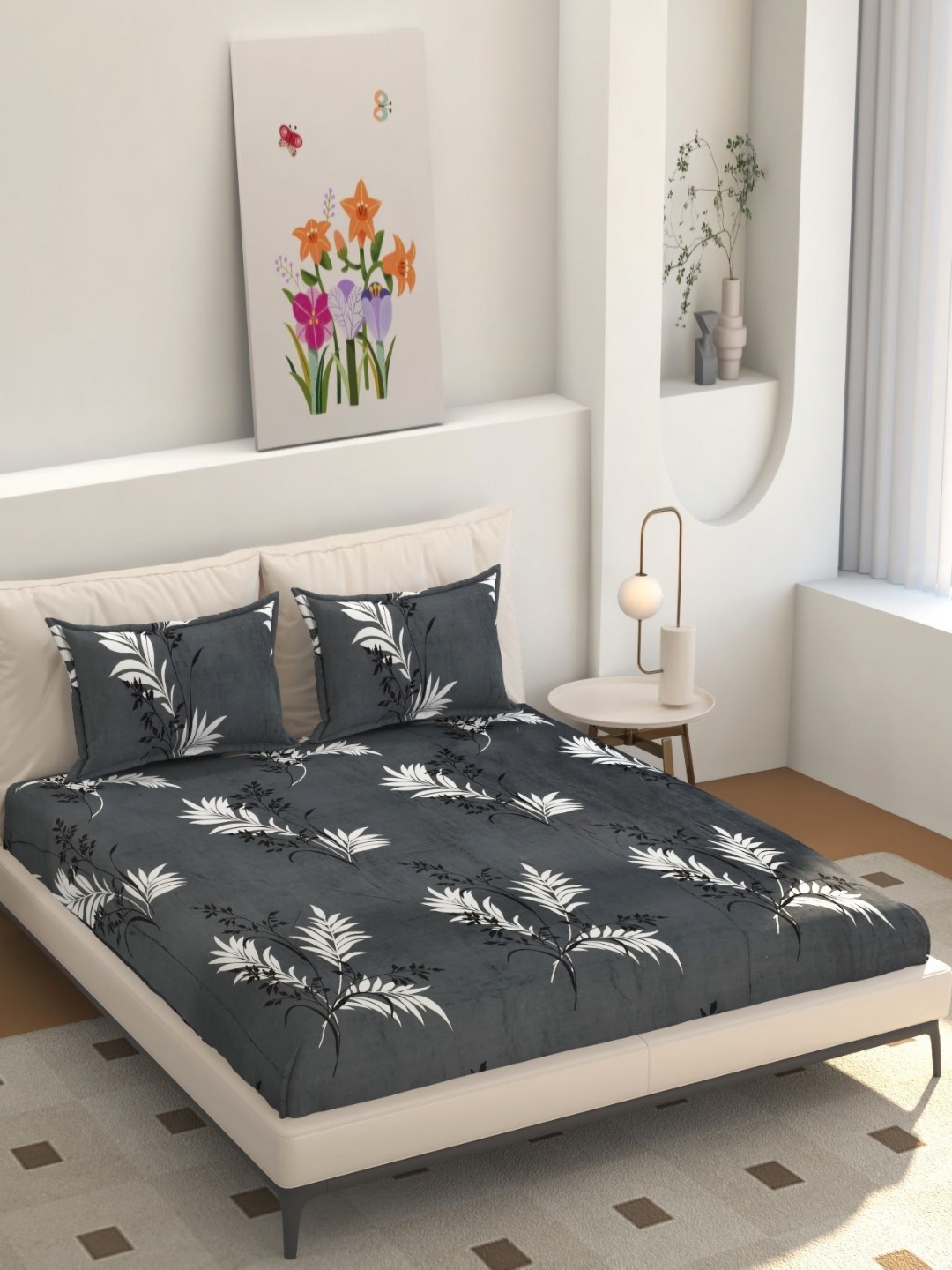 

hargunz Grey And White Floral Printed 350 TC Queen Bedsheet Set 1.9812m x 1.8288m