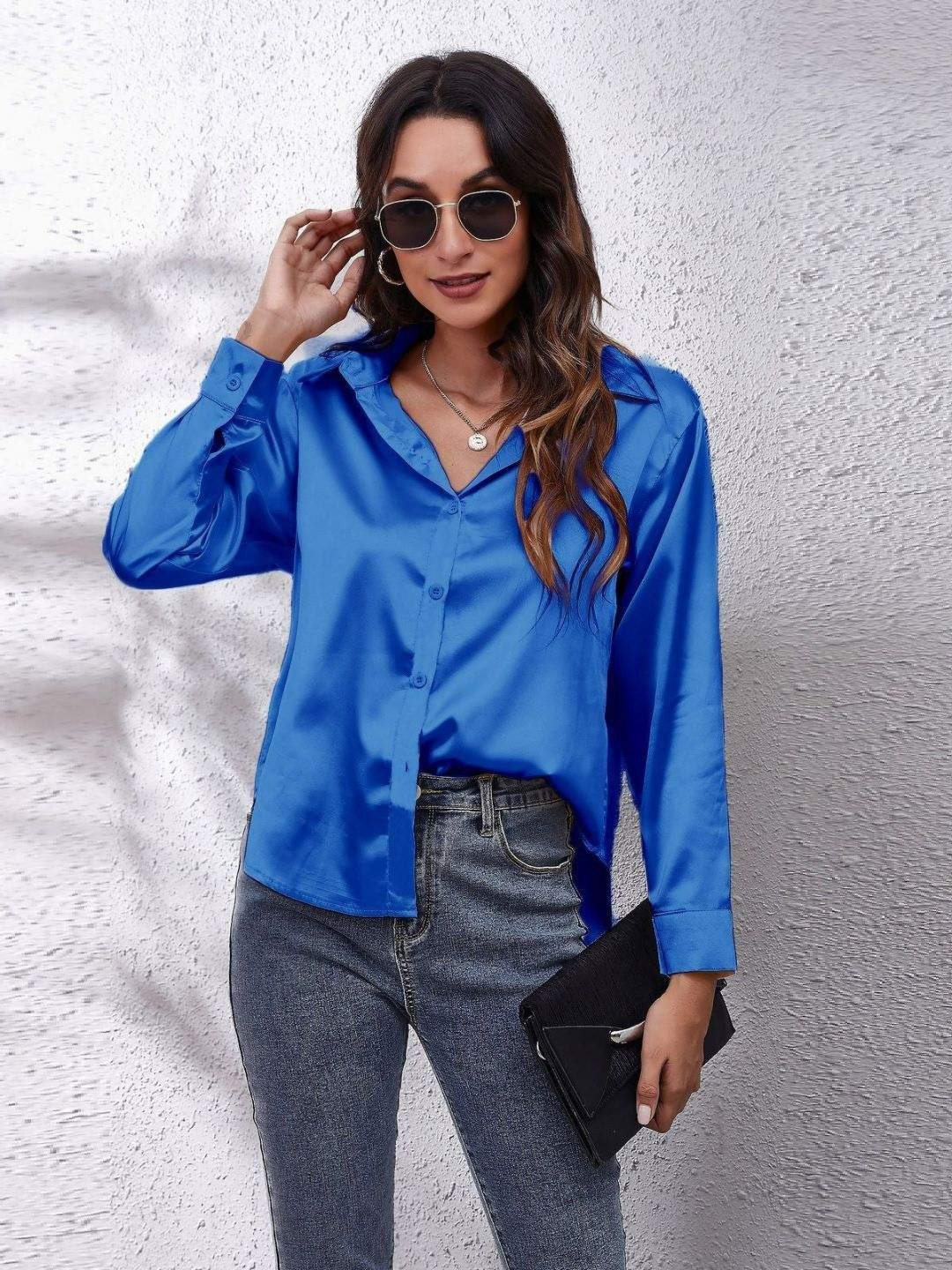 

Oh Rare Women Printed V-Neck Pockets T-shirt, Blue
