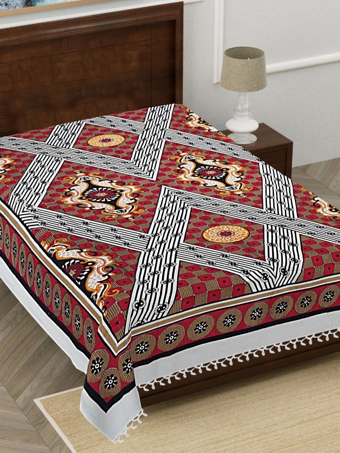 

HASHCART White Ethnic Motifs Printed 210 TC Pure Cotton Single Bedsheet 2.3 m x 1.52 m
