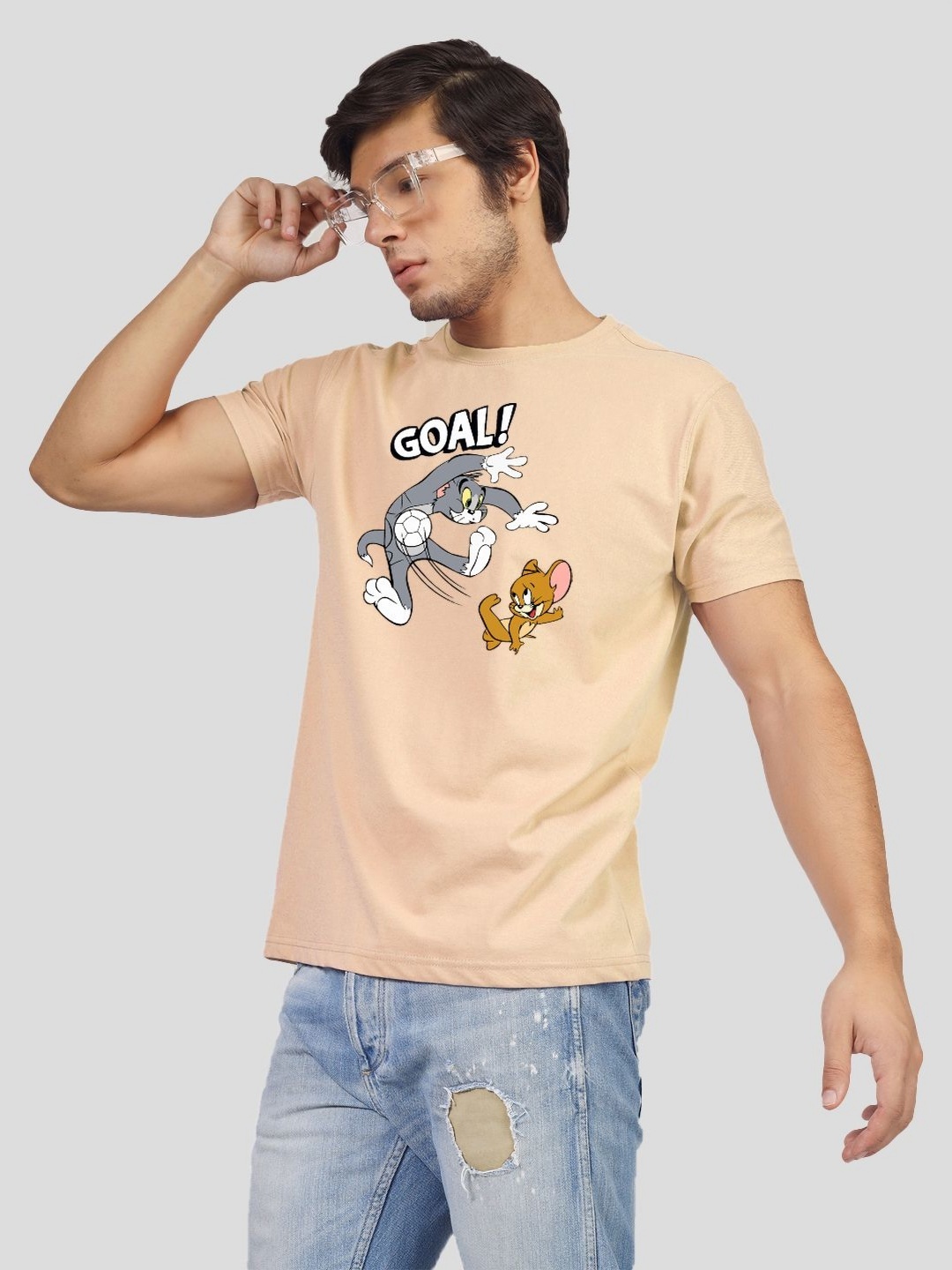 

Greylongg Men Tom & Jerry Graphic Printed Round Neck Cotton T-shirt, Beige