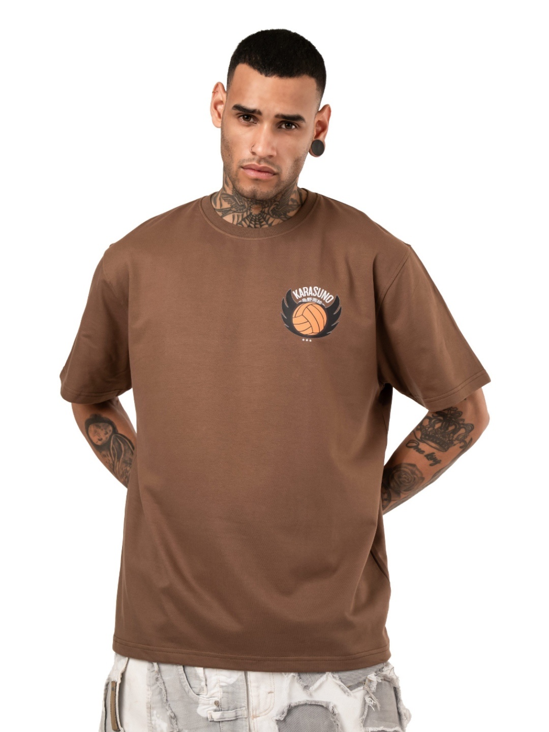 

RHINO CULT Men Graphic Printed Round Neck Cotton Oversized T-shirt, Brown