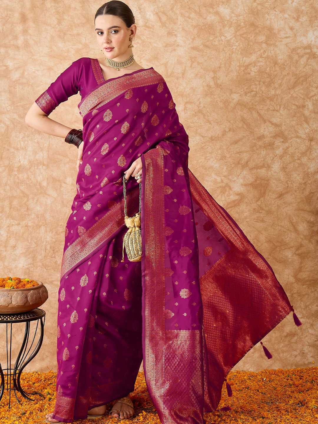 

MANVAA Woven Design Zari Silk Blend Banarasi Saree, Magenta