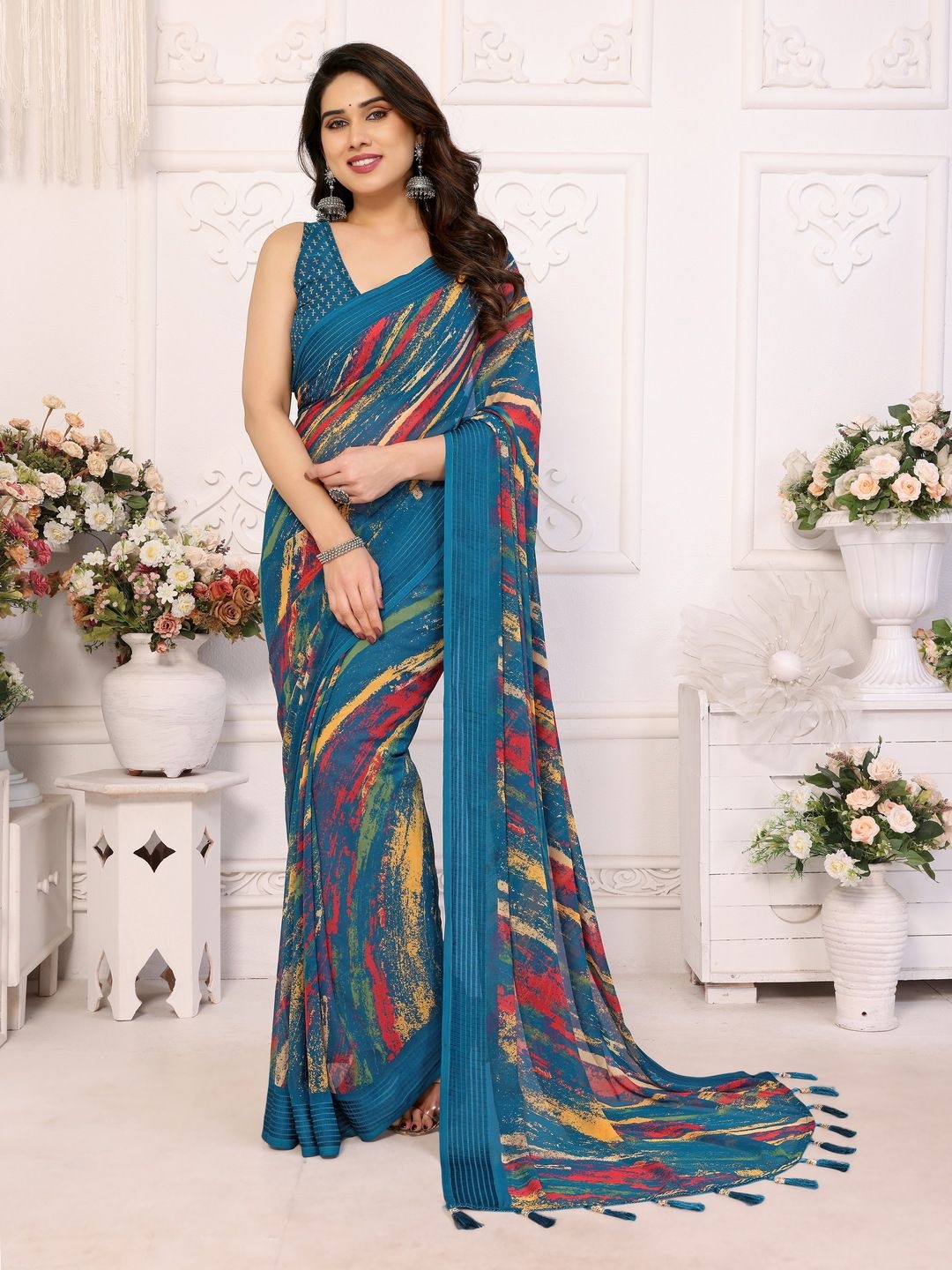 

PEORA'S CLOSET Abstract Printed Saree, Teal