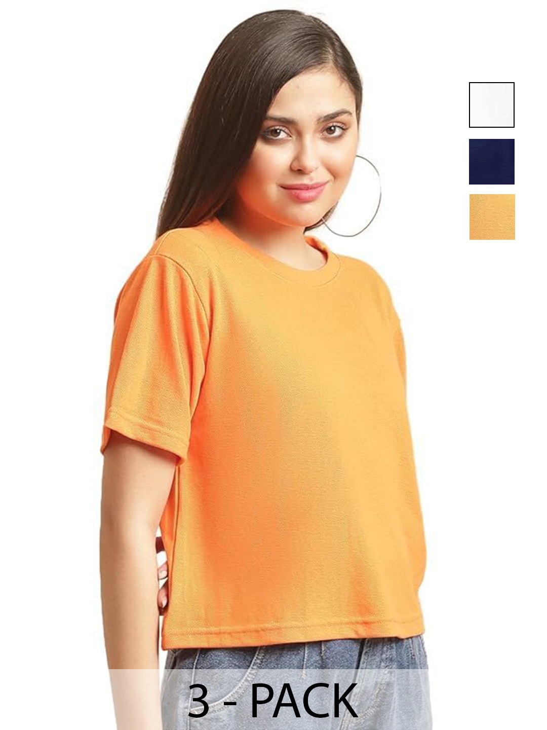 

NOTWILD Women Pack Of 3 Solid Round Neck Cotton Oversized T-shirts, Navy blue