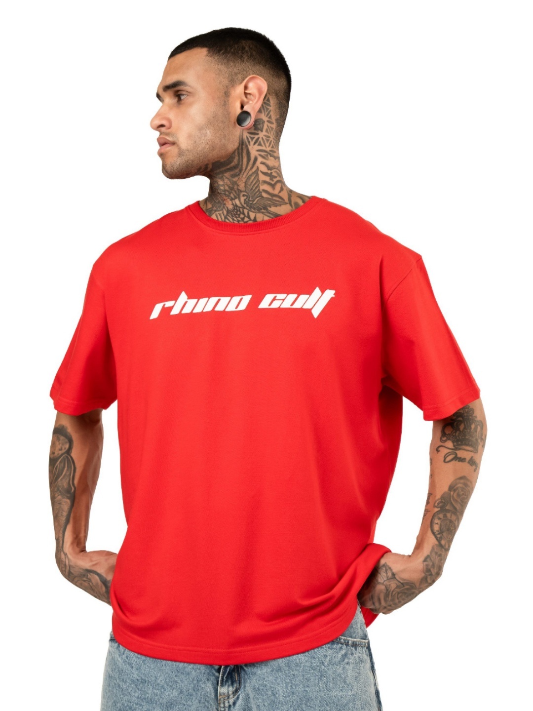 

RHINO CULT Men Graphic Printed Round Neck Cotton Oversized T-shirt, Red