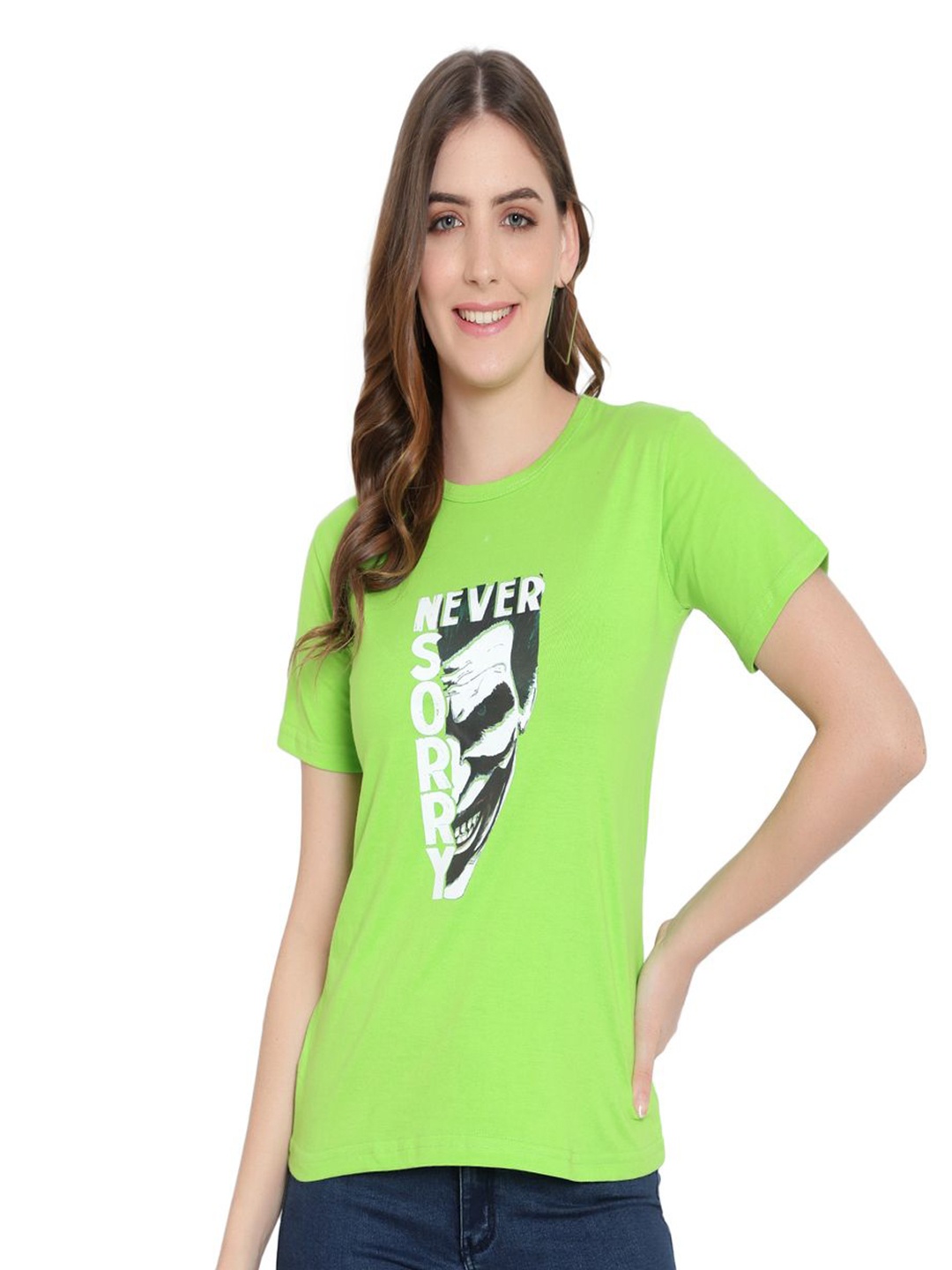 

DEEPMAYRA COLLECTION Women Typography Printed Cotton Tshirt, Lime green
