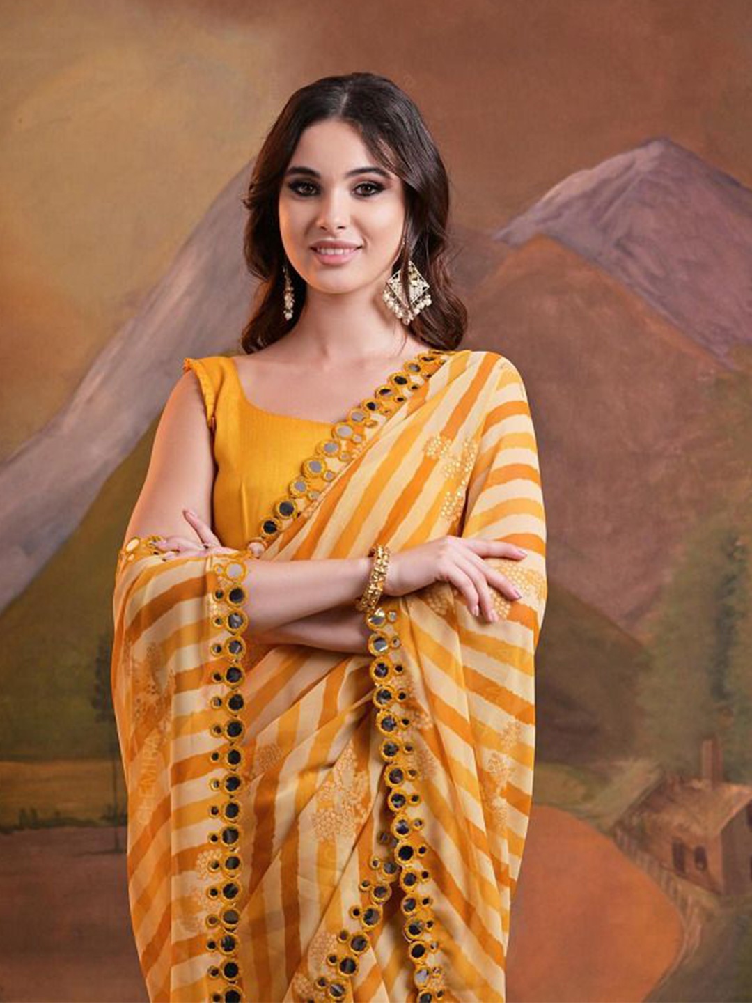 

FashionsEye Leheriya Embroidered Pure Georgette Saree, Yellow