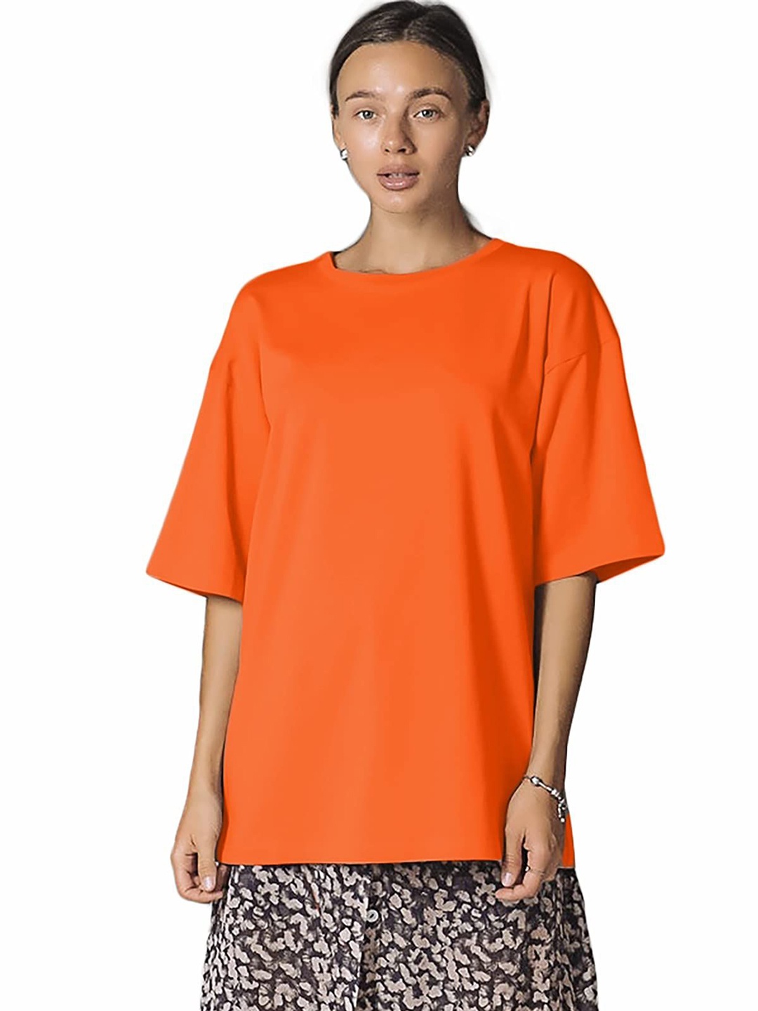 

NOTWILD Women Solid Round Neck Cotton Oversized T-shirt, Orange
