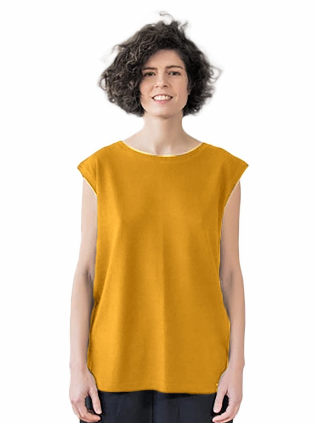 

NOTWILD Women Solid Round Neck Cotton T-shirt, Mustard