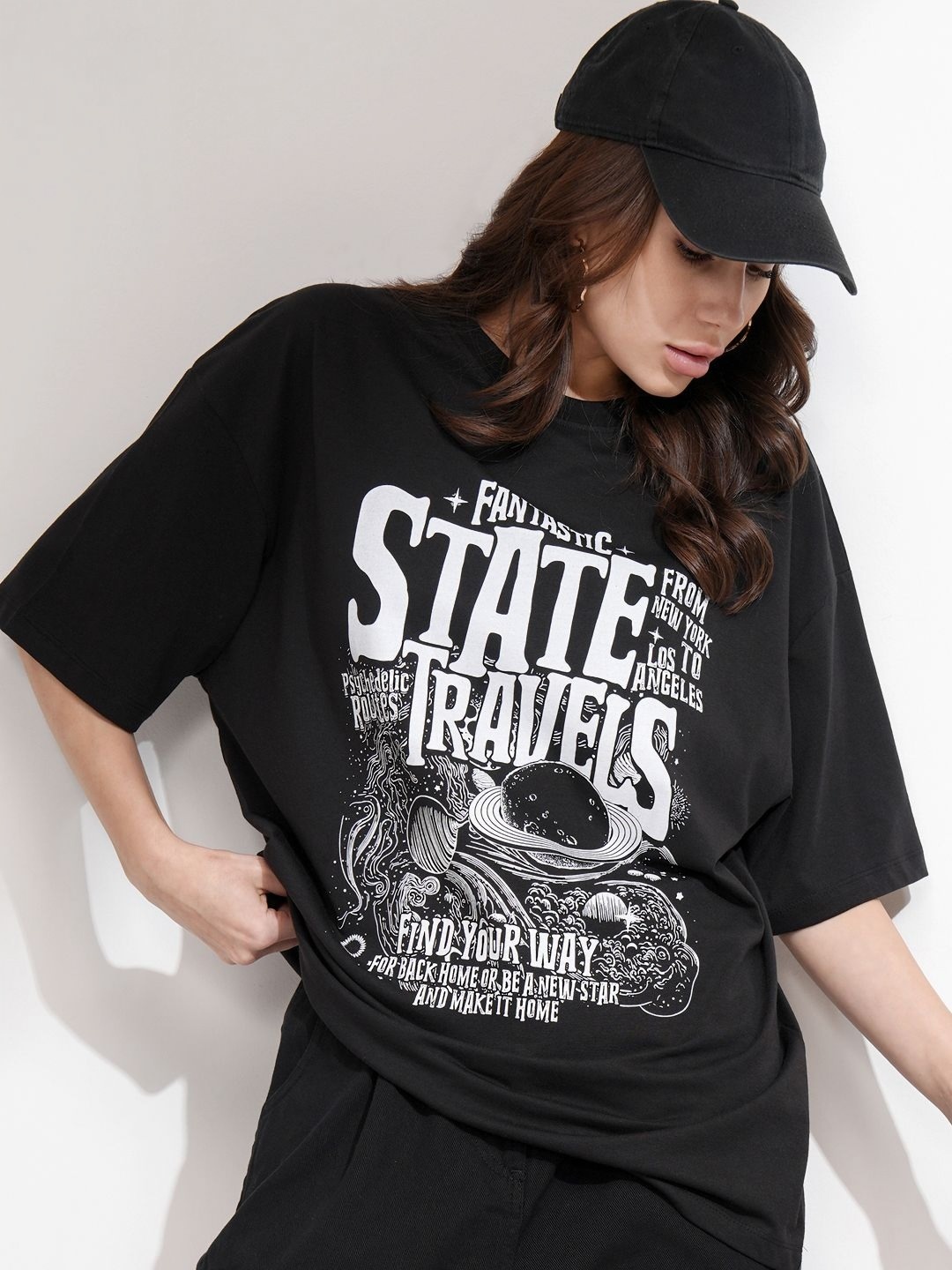 

Tokyo Talkies Women Oversized Chest Printed T-shirt, Black