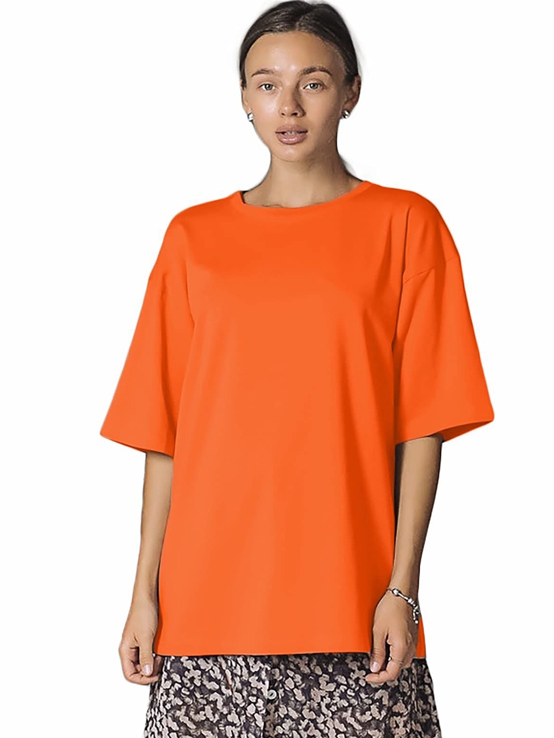 

NOTWILD Women Solid Round Neck Cotton Oversized T-shirt, Orange