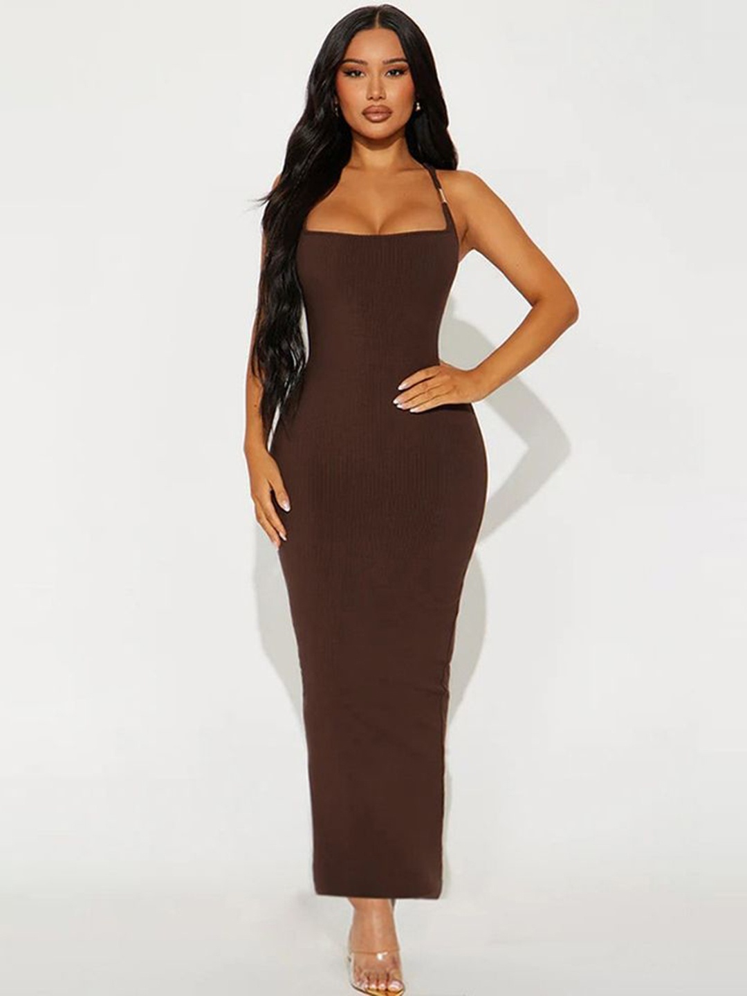 

LULU & SKY Halter Neck Bodycon Maxi Dress, Brown