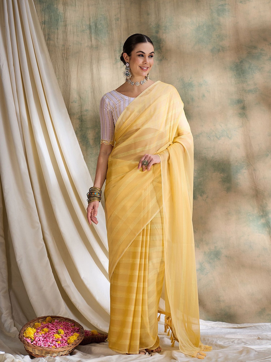 

MANVAA Striped Silk Blend Saree, Yellow