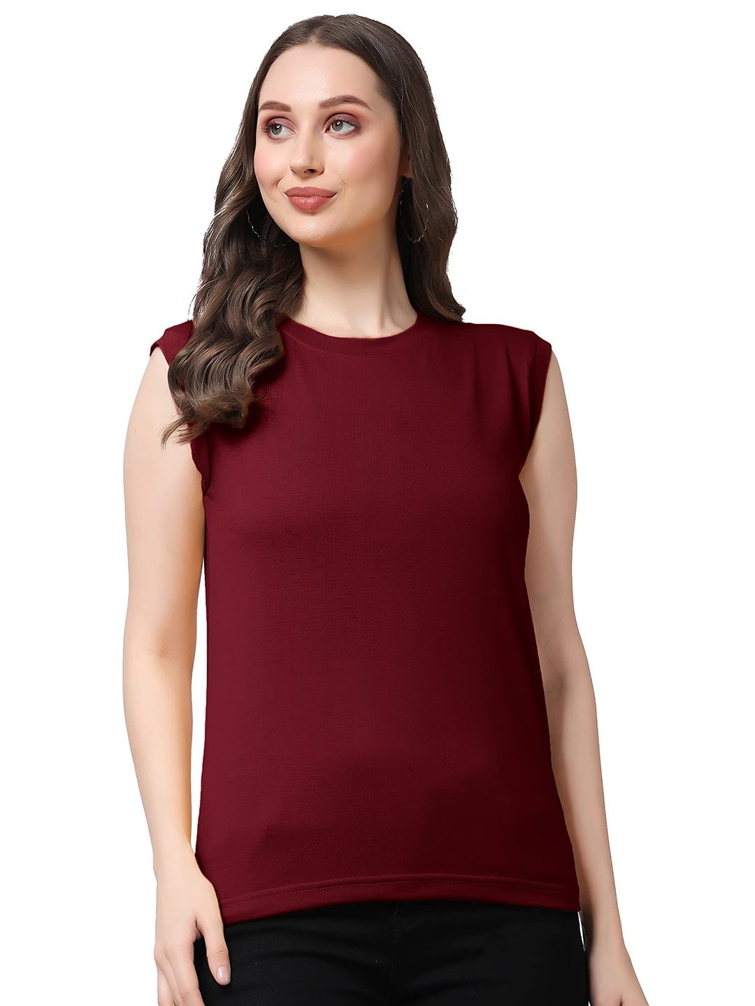 

NOTWILD Women Solid Round Neck Cotton Relaxed Fit T-shirt, Burgundy