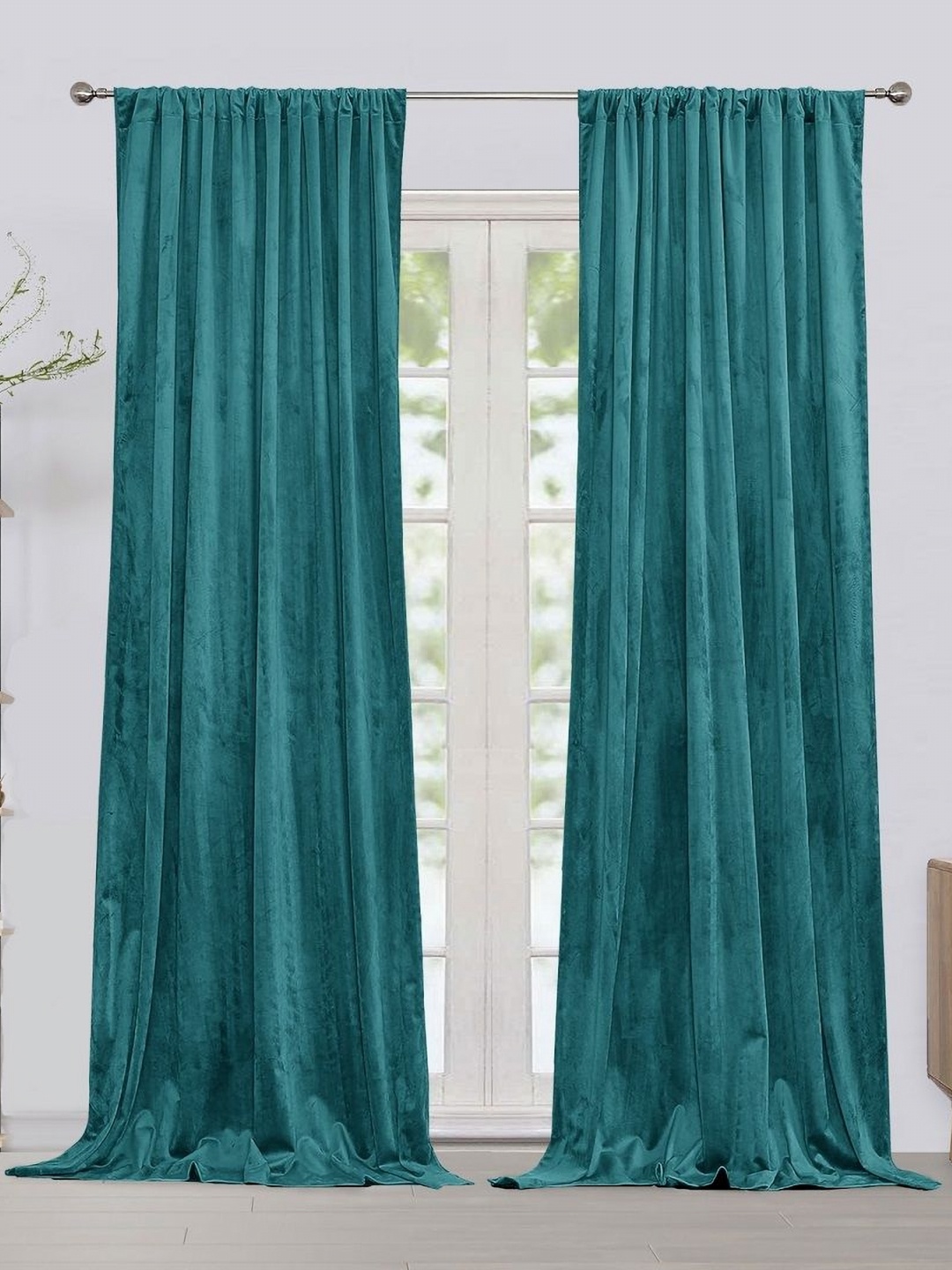 

HOMEMONDE Turquoise Blue 2 Pieces Velvet Black Out Door Curtains