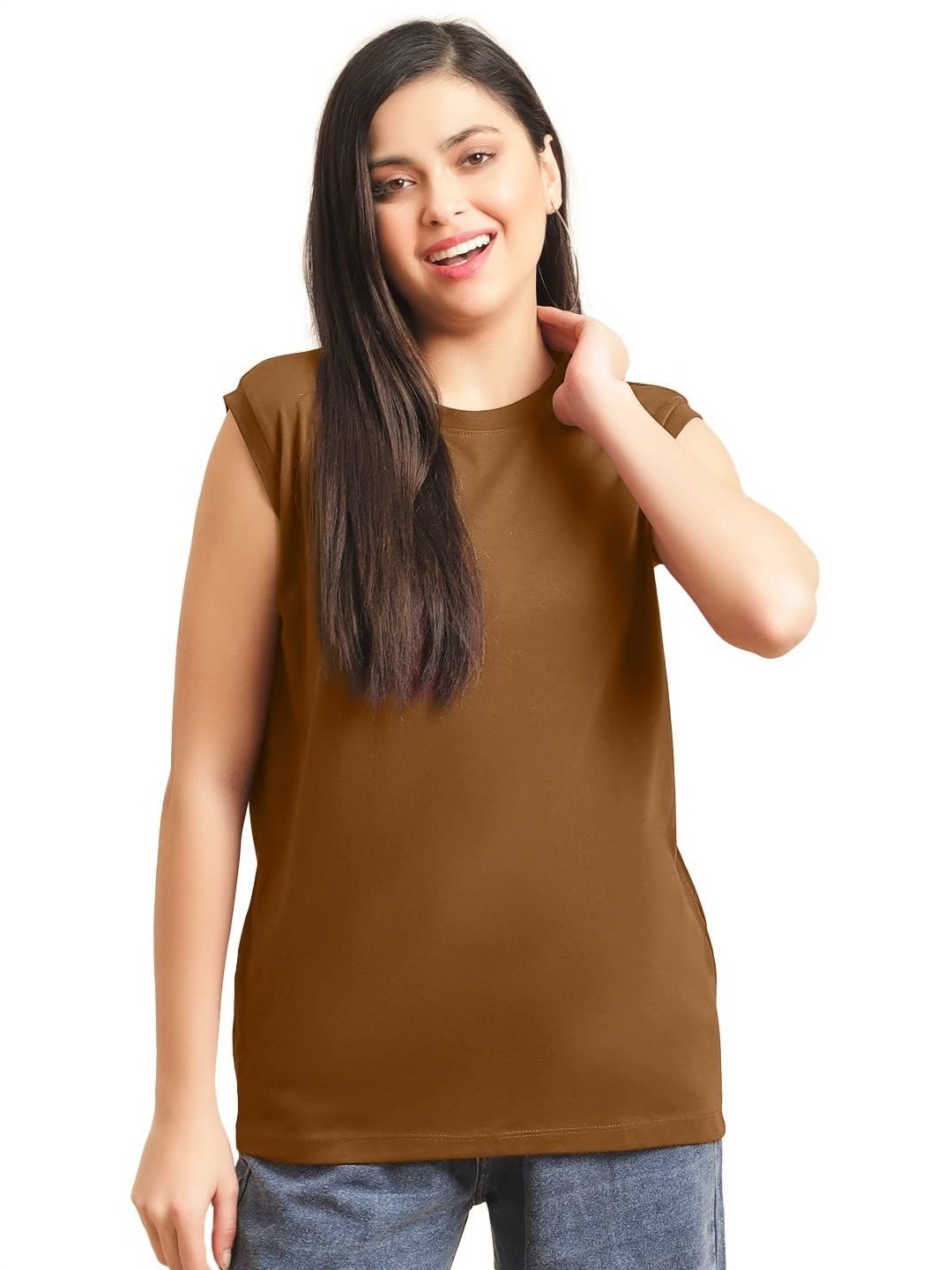 

NOTWILD Women Solid Round Neck Relaxed Fit T-shirt, Brown