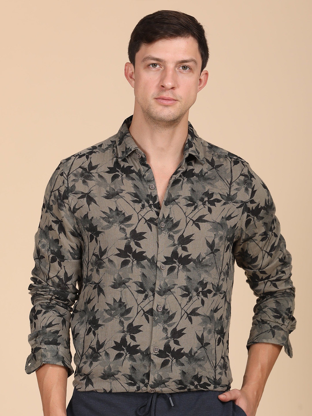 

POE Men Woody - Double Layered Printed Shirt, Olive