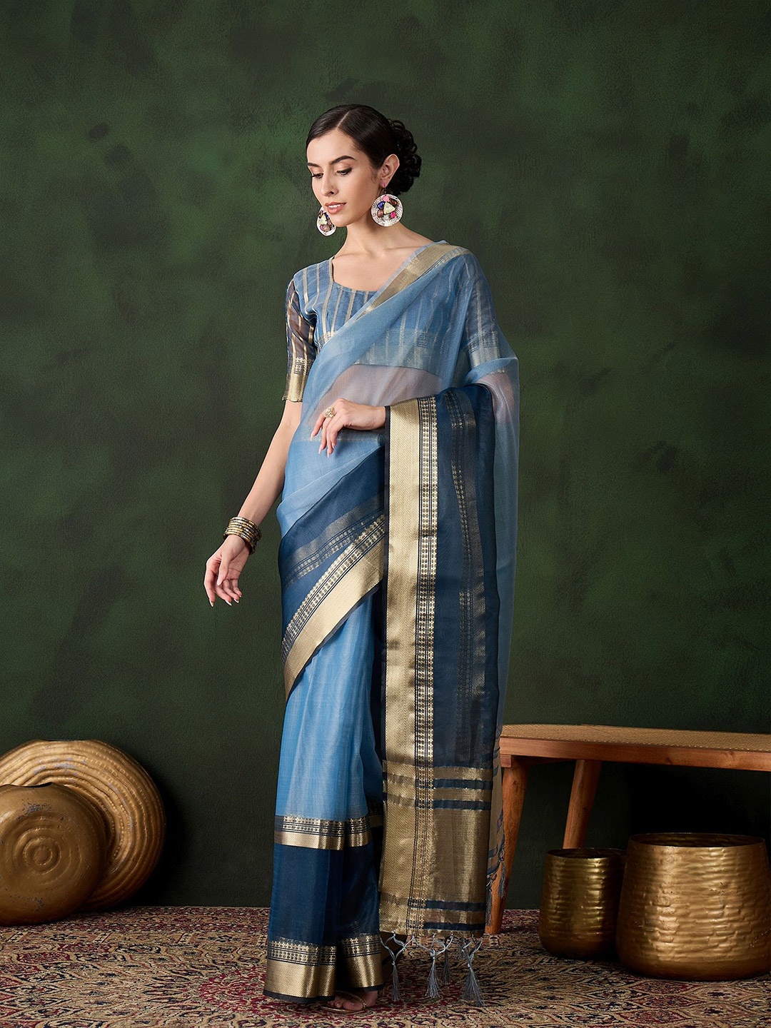 

Mitera Woven Design Zari Organza Handloom Kanjeevaram Saree, Blue