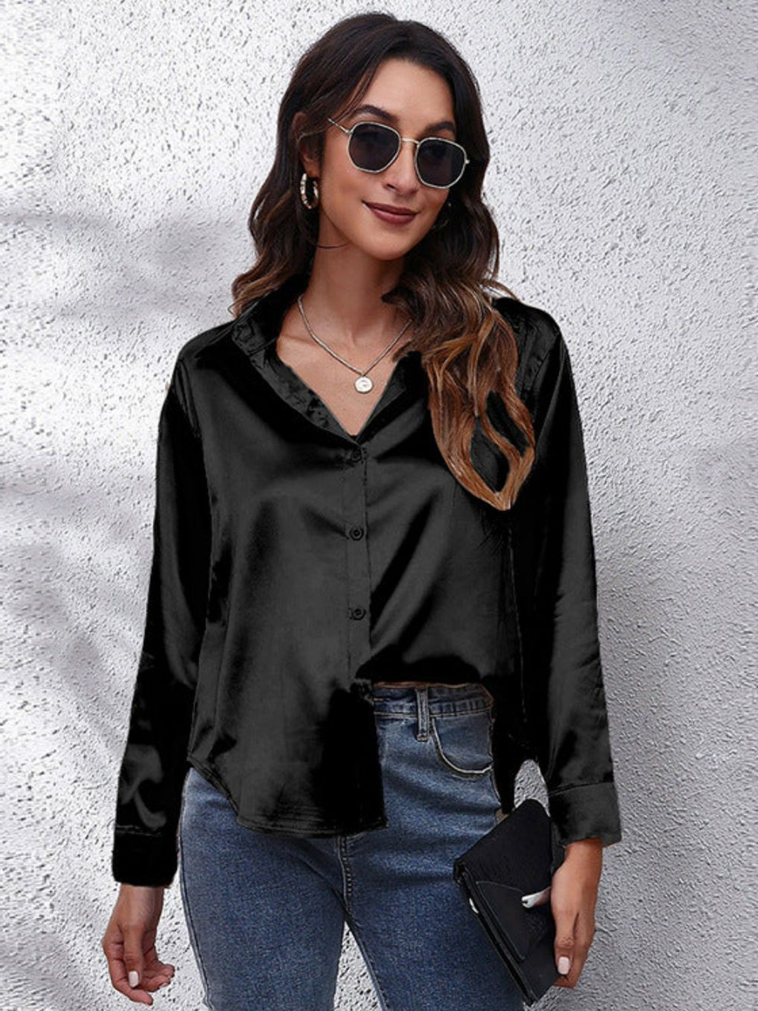 

Oh Rare Women Solid Spread Collar Shirt, Black