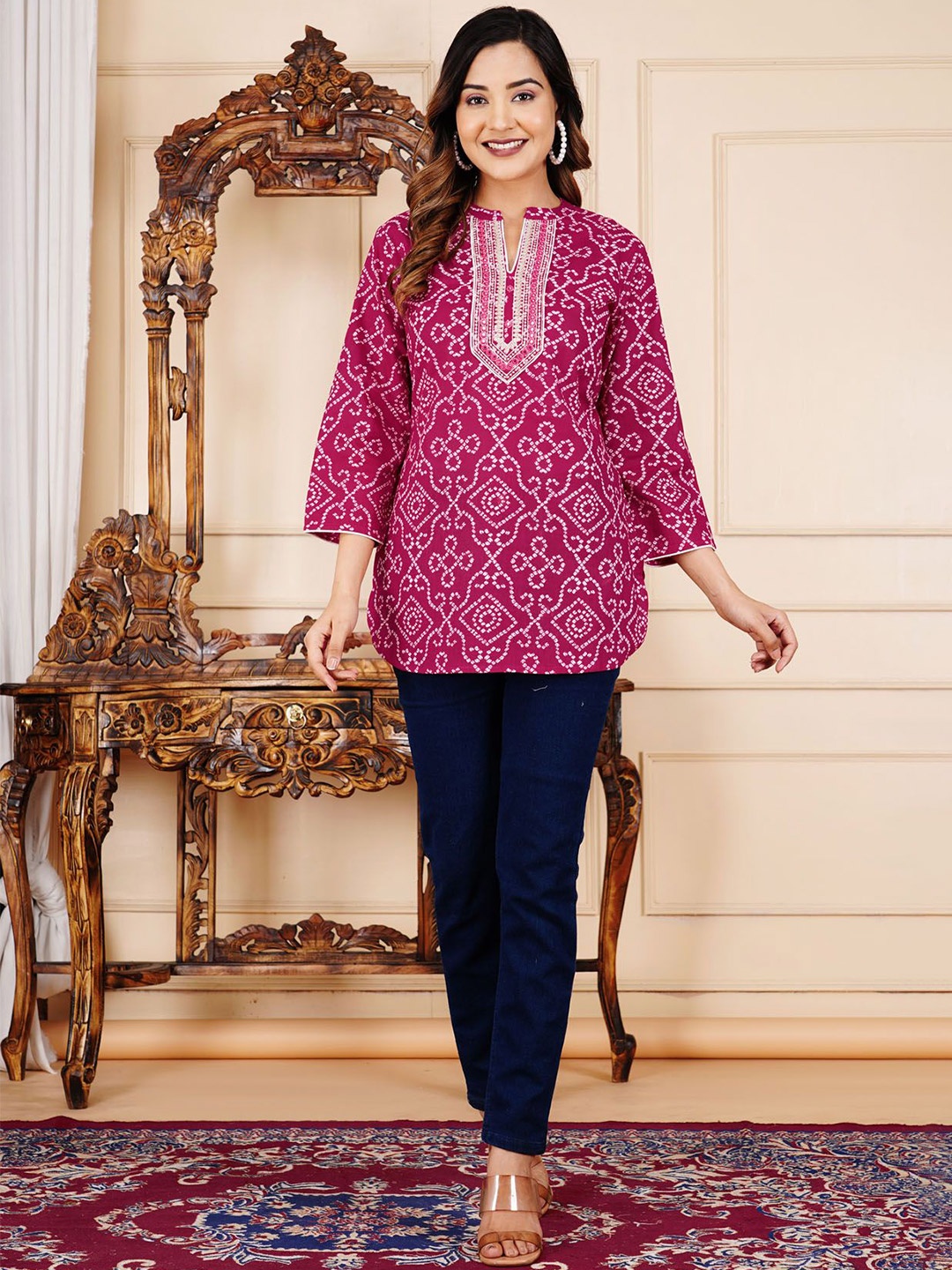 

L.H HANDICRAFTS Floral Embroidered Mandarin Collar Ethnic Cotton Crop Top, Pink