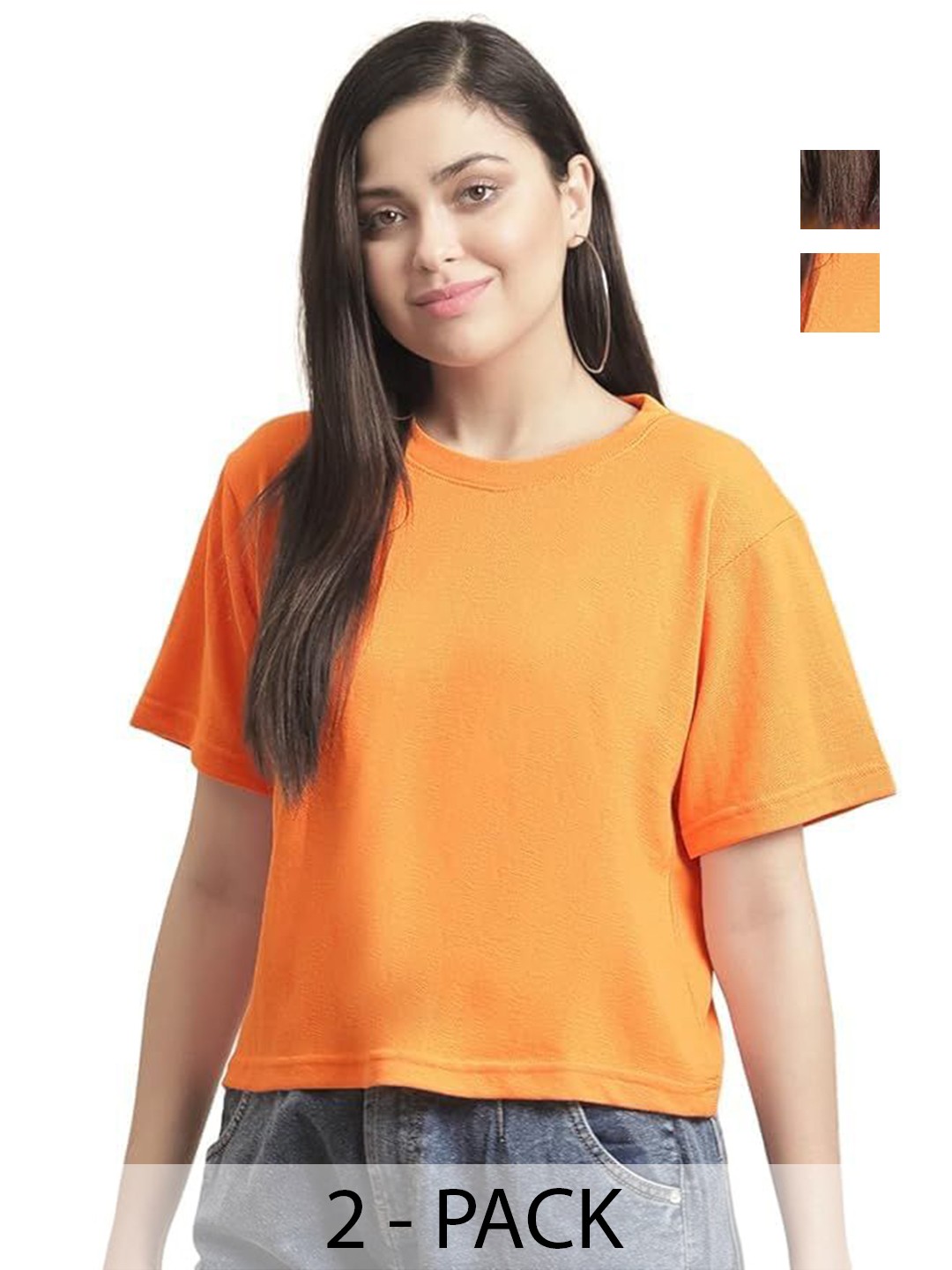 

NOTWILD Women Pack Of 2 Solid Round Neck Cotton Relaxed Fit T-shirts, Orange