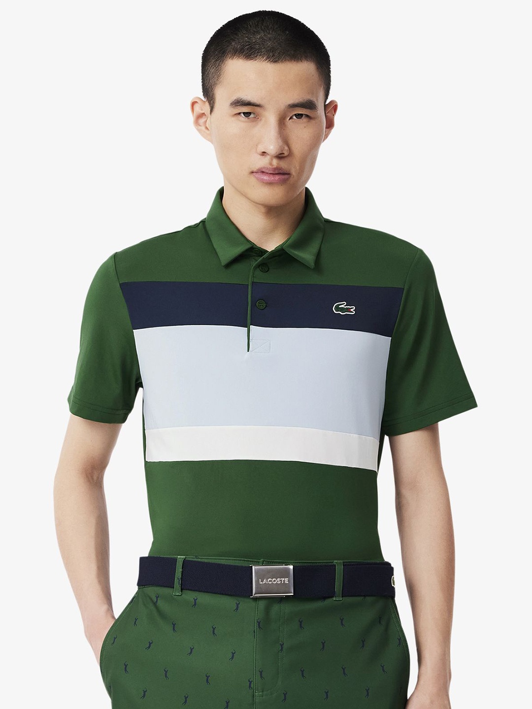 

Lacoste Men Striped Polo Collar Applique T-shirt, Green