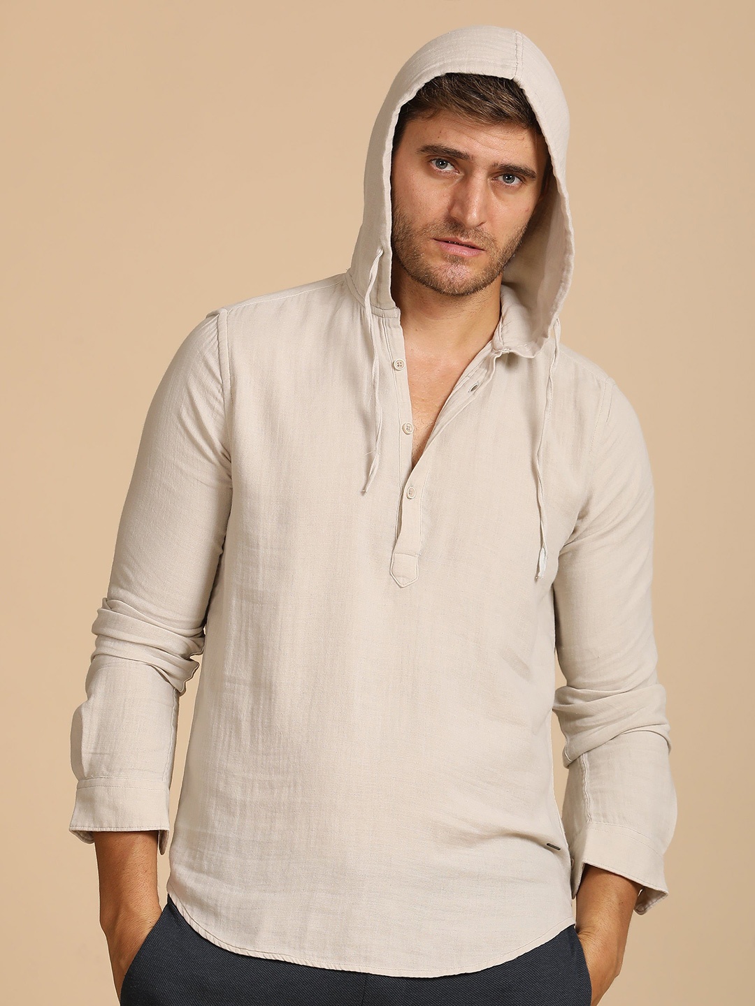 

POE Men Zevin - Double Layered Hooded Shirt - Beige