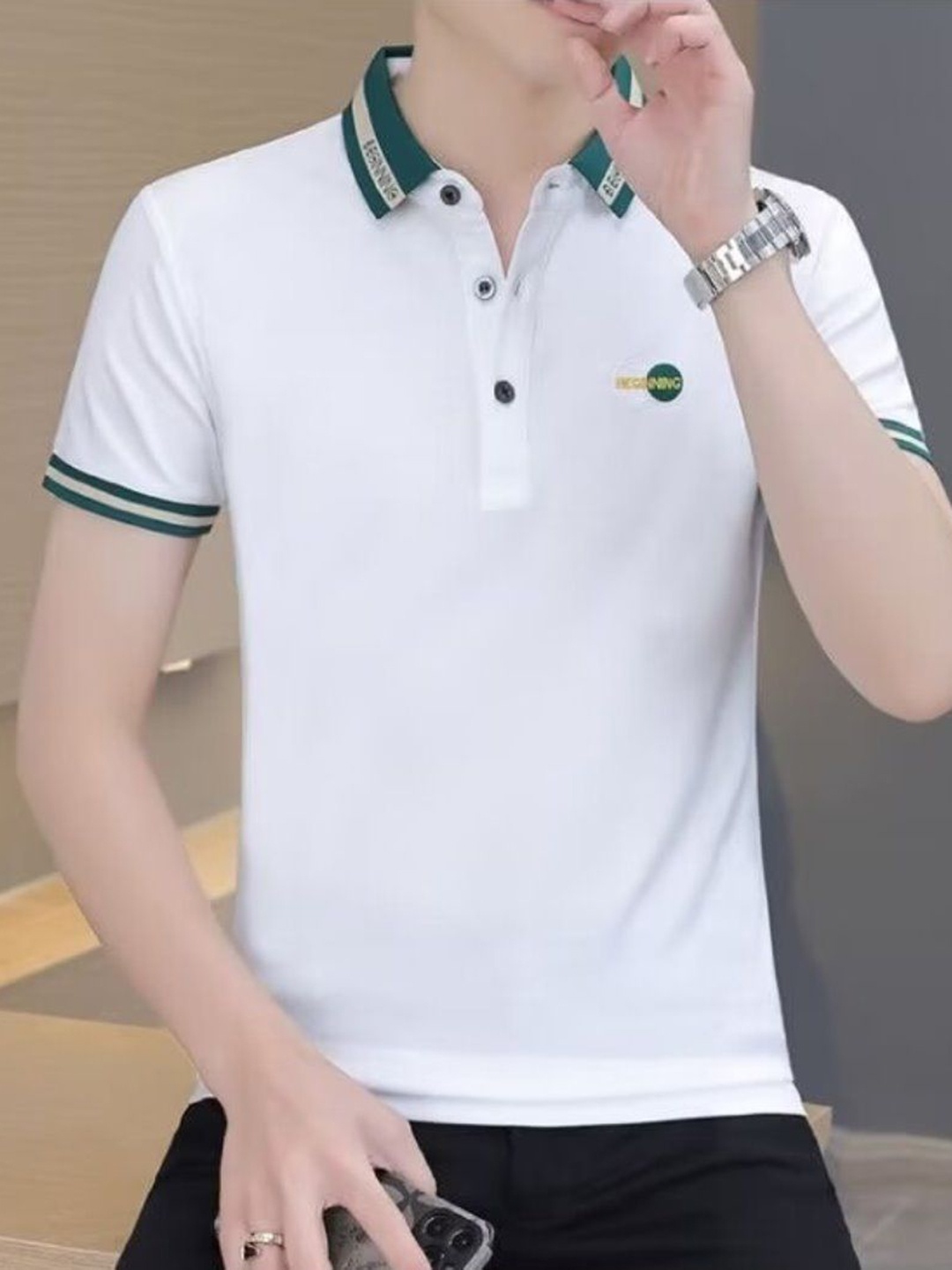 

StyleCast Men Solid Polo Collar Silk T-shirt, White
