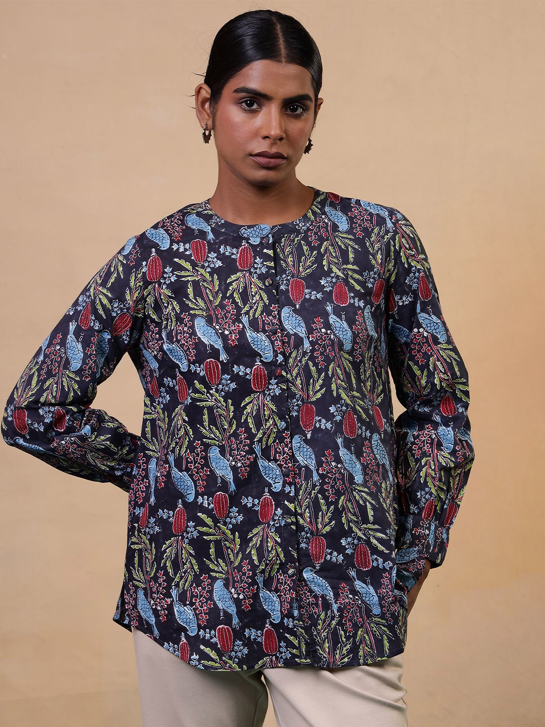 

Folk Song Round Neck Printed Tropical Cotton Tunic, Navy blue
