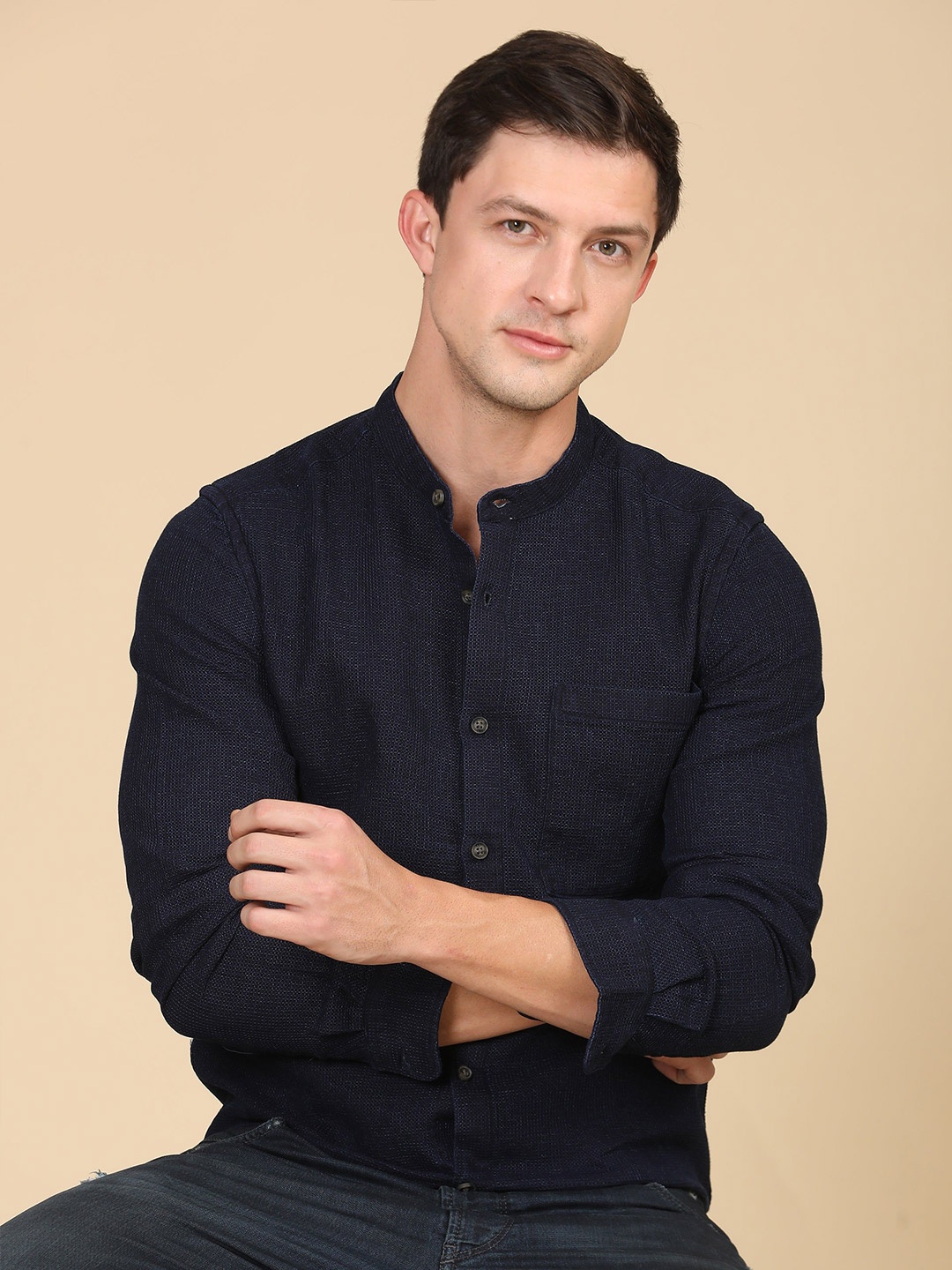 

POE Men Alivia - Indigo Waffle Dobby Shirt - Navy, Navy blue