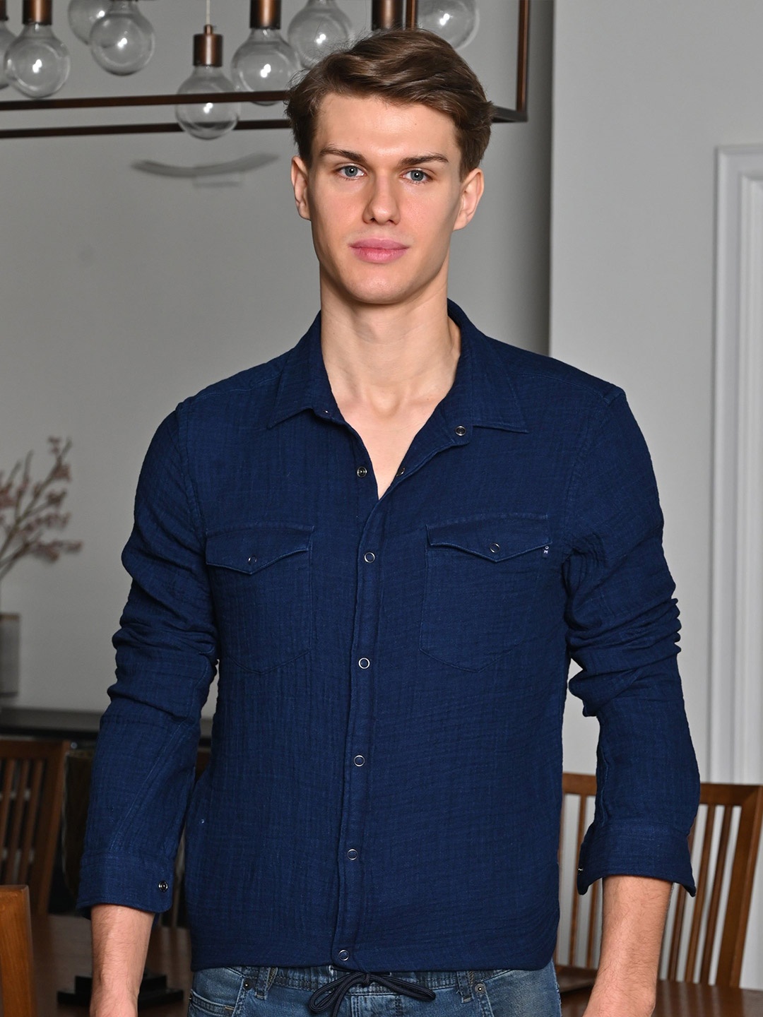 

POE Men Aleena - Indigo Double Layered Shirt - Navy, Navy blue
