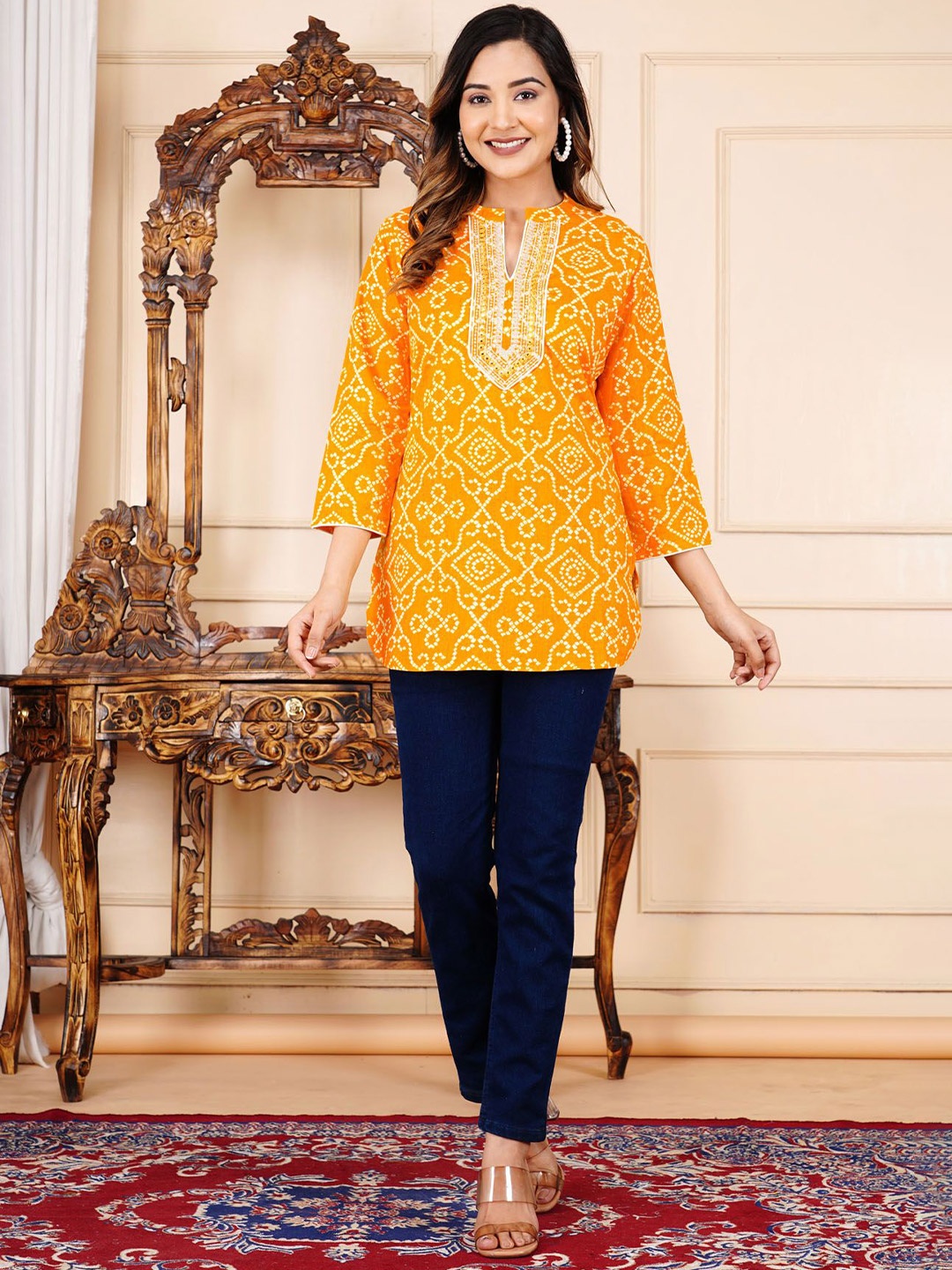 

L.H HANDICRAFTS Embroidered Mandarin Collar Cotton A-Line Top, Yellow