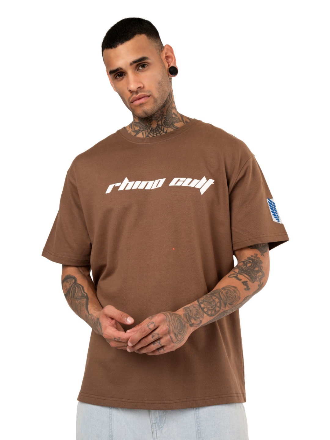 

RHINO CULT Men Graphic Printed Round Neck Cotton Oversized T-shirt, Brown