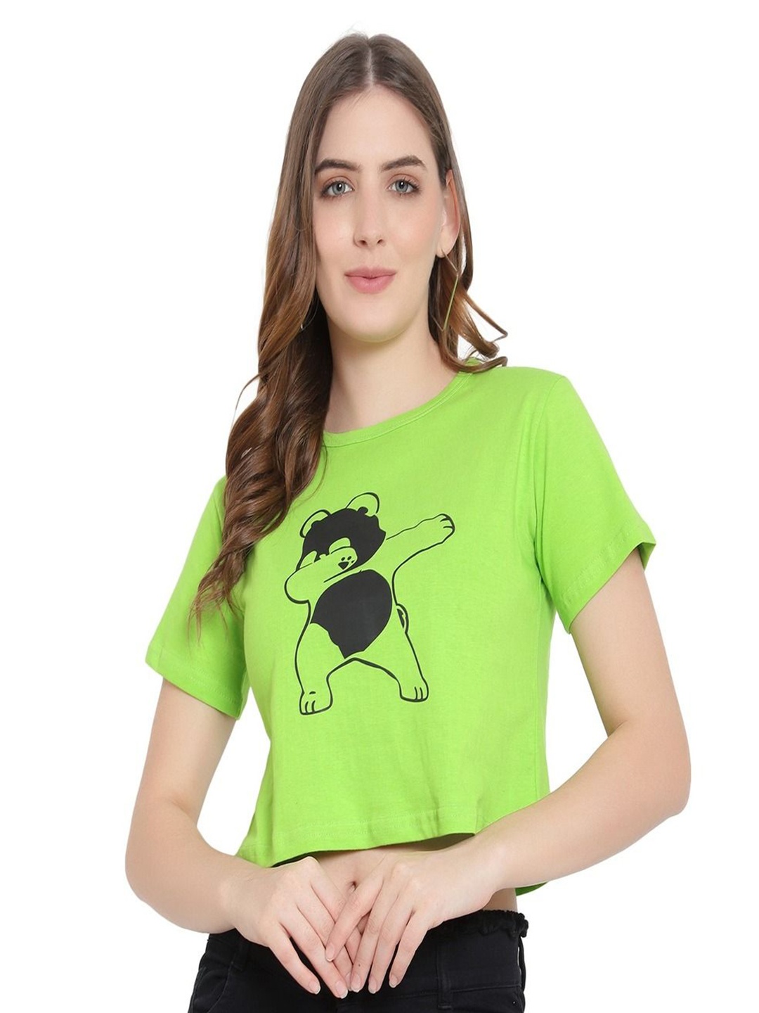 

DEEPMAYRA COLLECTION Women Graphic Printed Cotton Crop Top, Lime green