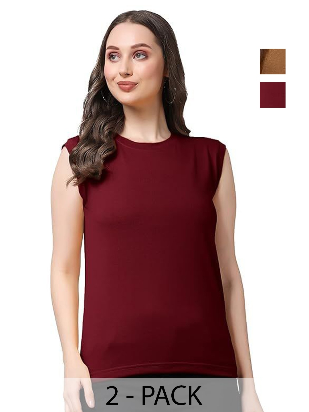 

NOTWILD Women Pack Of 2 Solid Round Neck Cotton Relaxed Fit T-shirts, Maroon