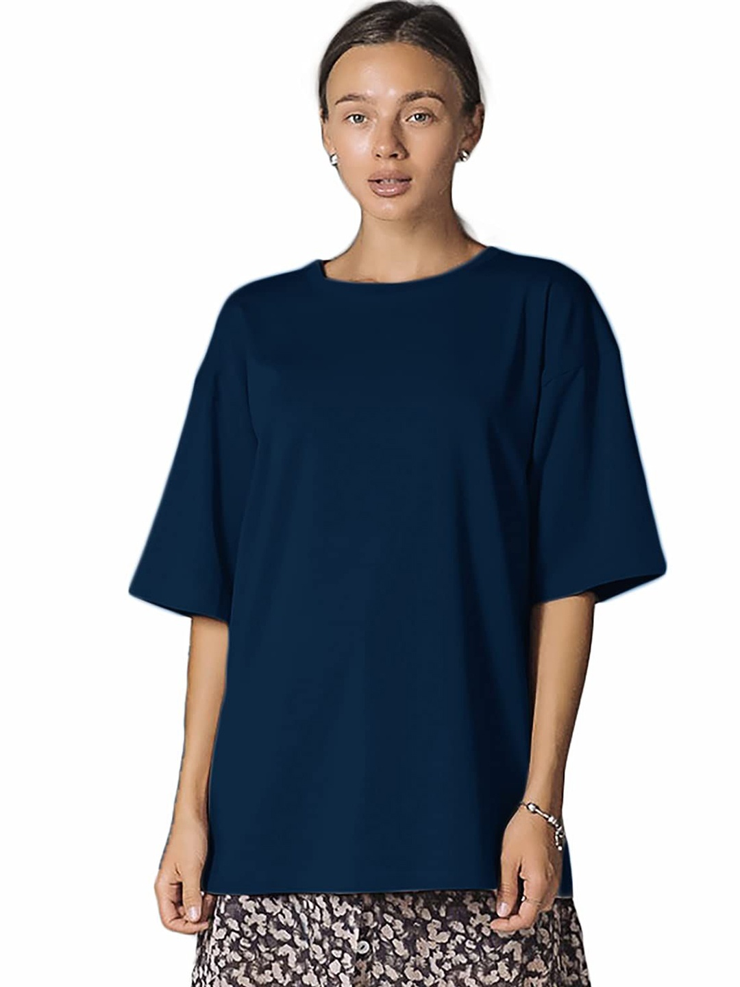 

NOTWILD Women Solid Round Neck Cotton Oversized T-shirt, Blue