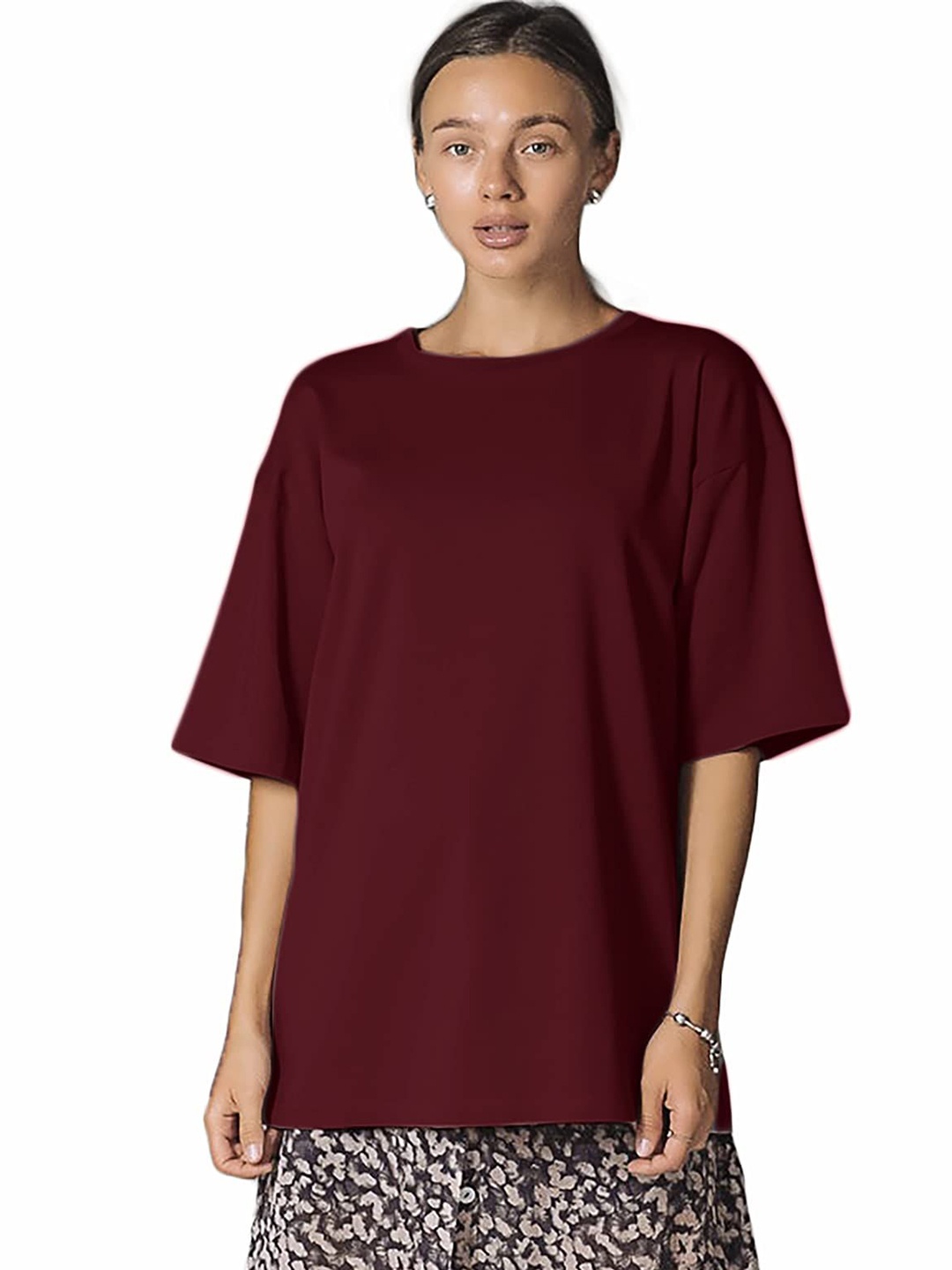 

NOTWILD Women Solid Round Neck Cotton Oversized T-shirt, Burgundy