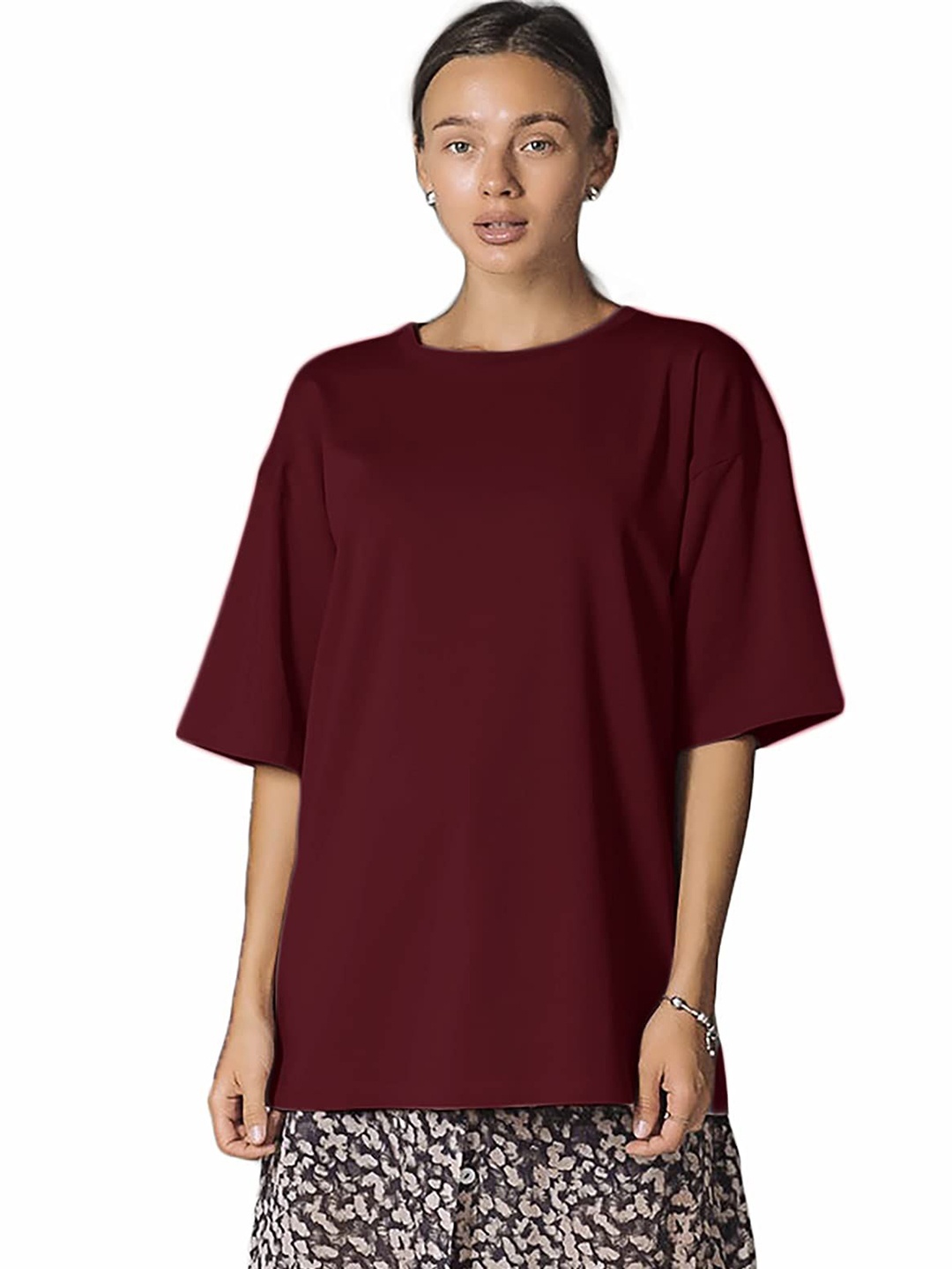 

NOTWILD Women Solid Round Neck Cotton Oversized T-shirt, Burgundy