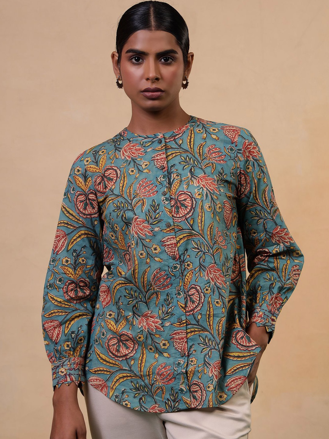 

Folk Song Women Mandarin Collar Printed Tunic, Turquoise blue