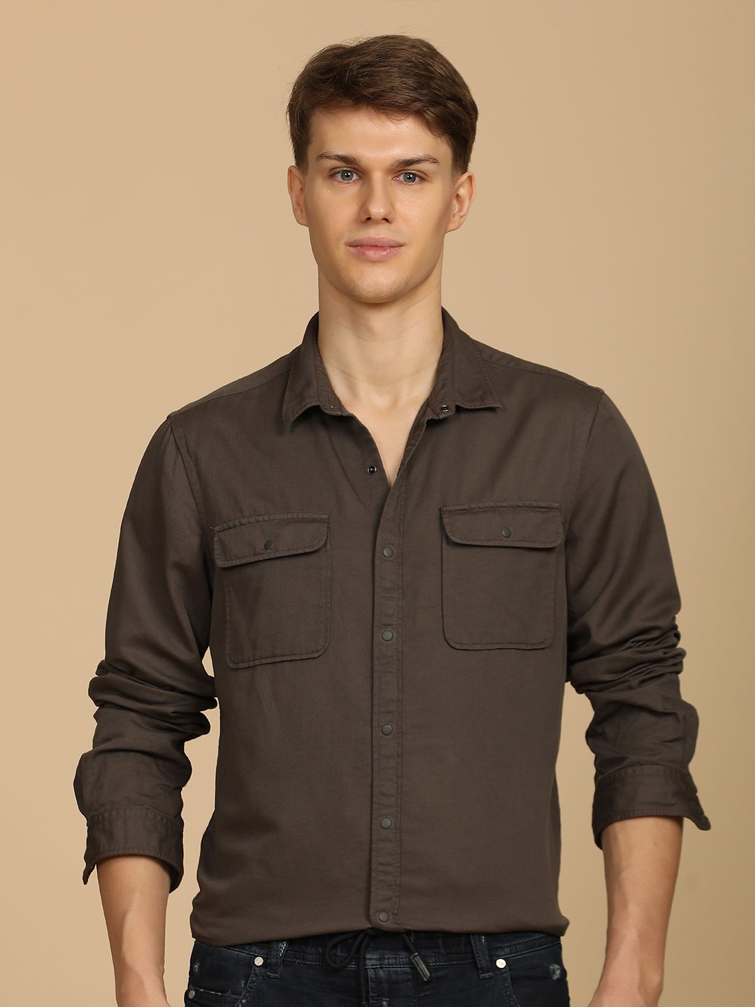 

POE Men Marcus - Soft Texture Cotton Shirt - Ash, Brown