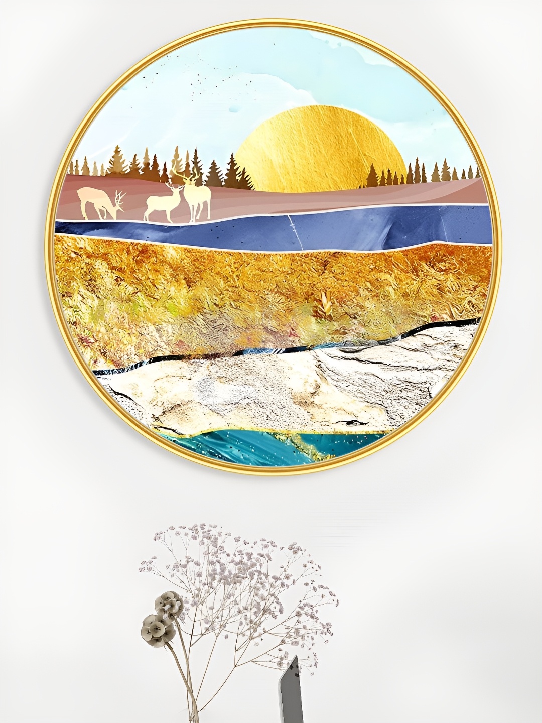 

SAF Premium Blue And Gold-Toned Golden Frame Scenery Printed Wall Art