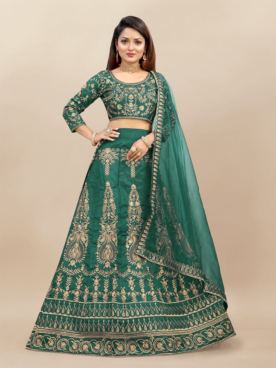 

A TO Z CART Embroidered Thread Work Semi-Stitched Lehenga & Unstitched Blouse With Dupatta, Green