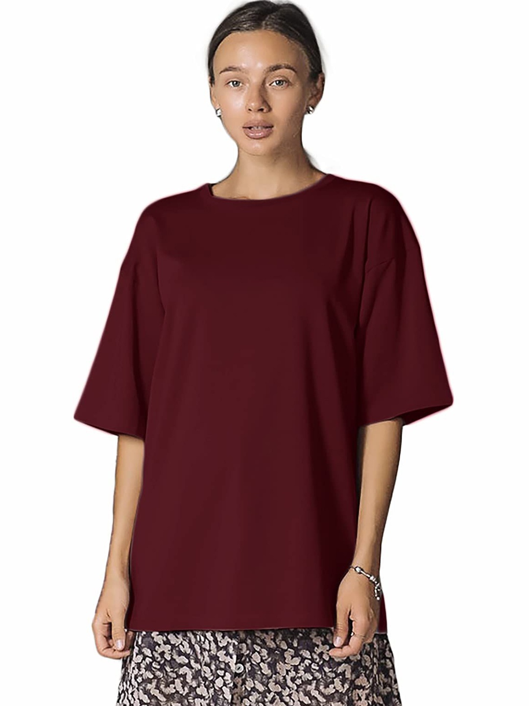 

NOTWILD Women Solid Round Neck Cotton Oversized T-shirt, Maroon