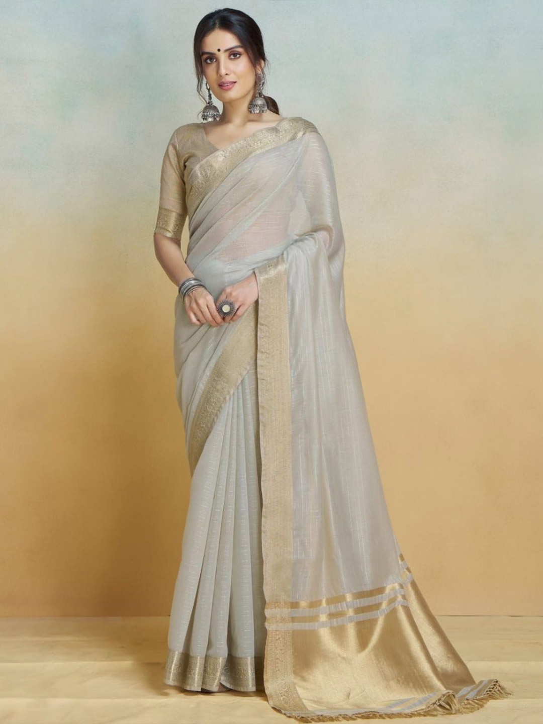 

KALINI Striped Zari Banarasi Saree, Grey