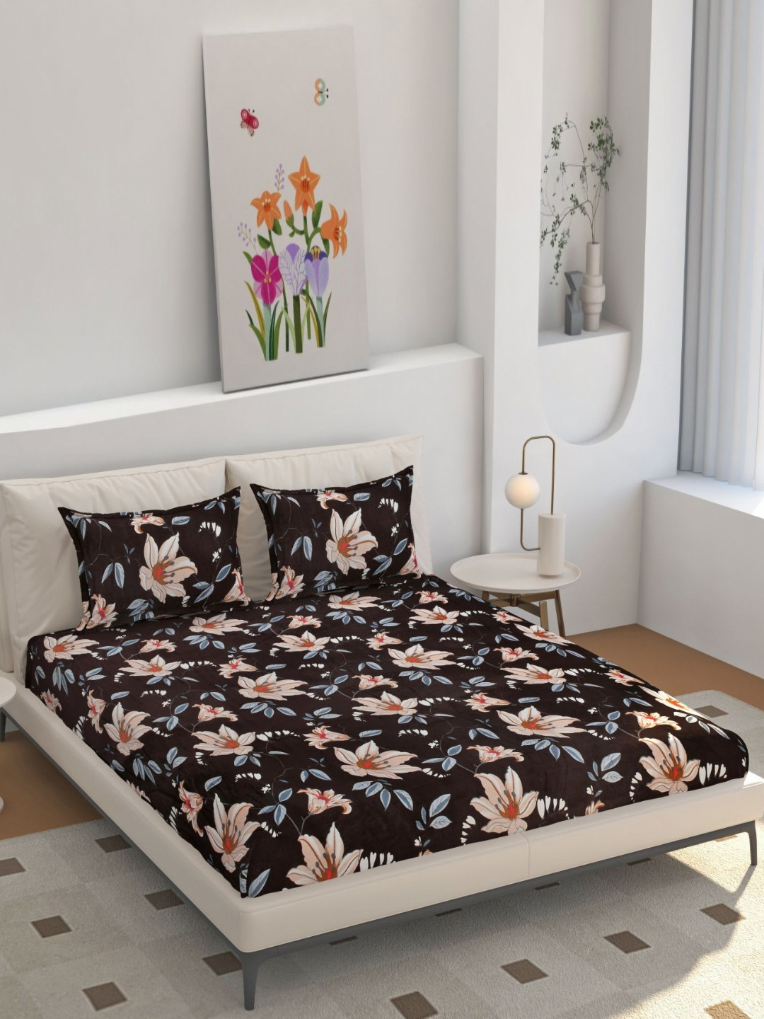 

hargunz Brown And Peach Floral Printed 350 TC Wool Queen Bedsheet Set 1.98 m x 1.82 m, Coffee brown