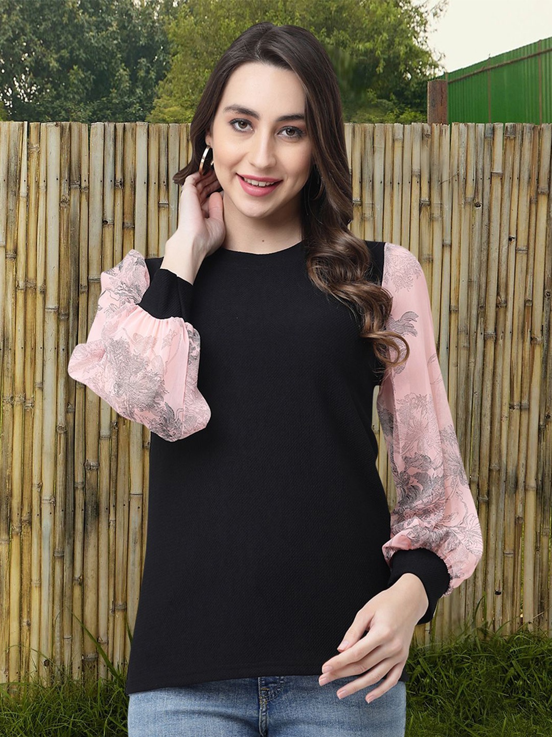 

MISS AYSE Women Puff Sleeves Top, Black