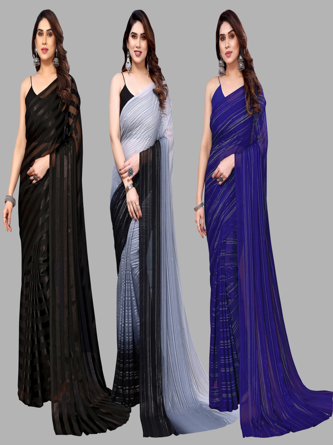 

ANAND SAREES Striped Satin Saree, Black