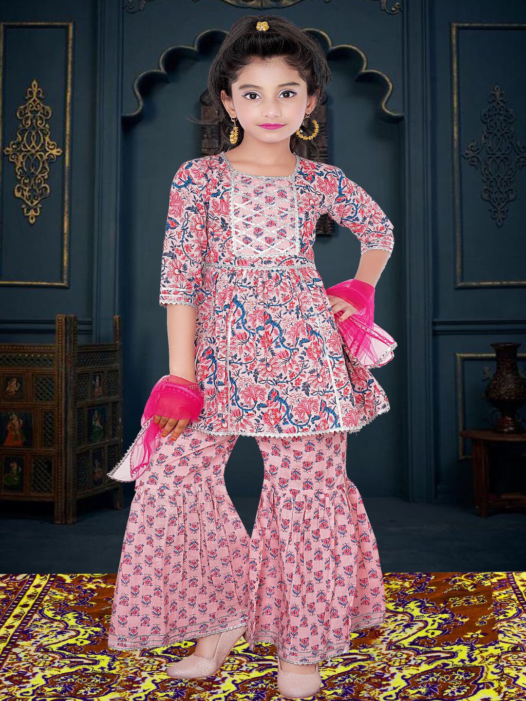 

AM Creation Girls Floral Printed Anarkali Kurta With Sharara & Dupatta, Pink